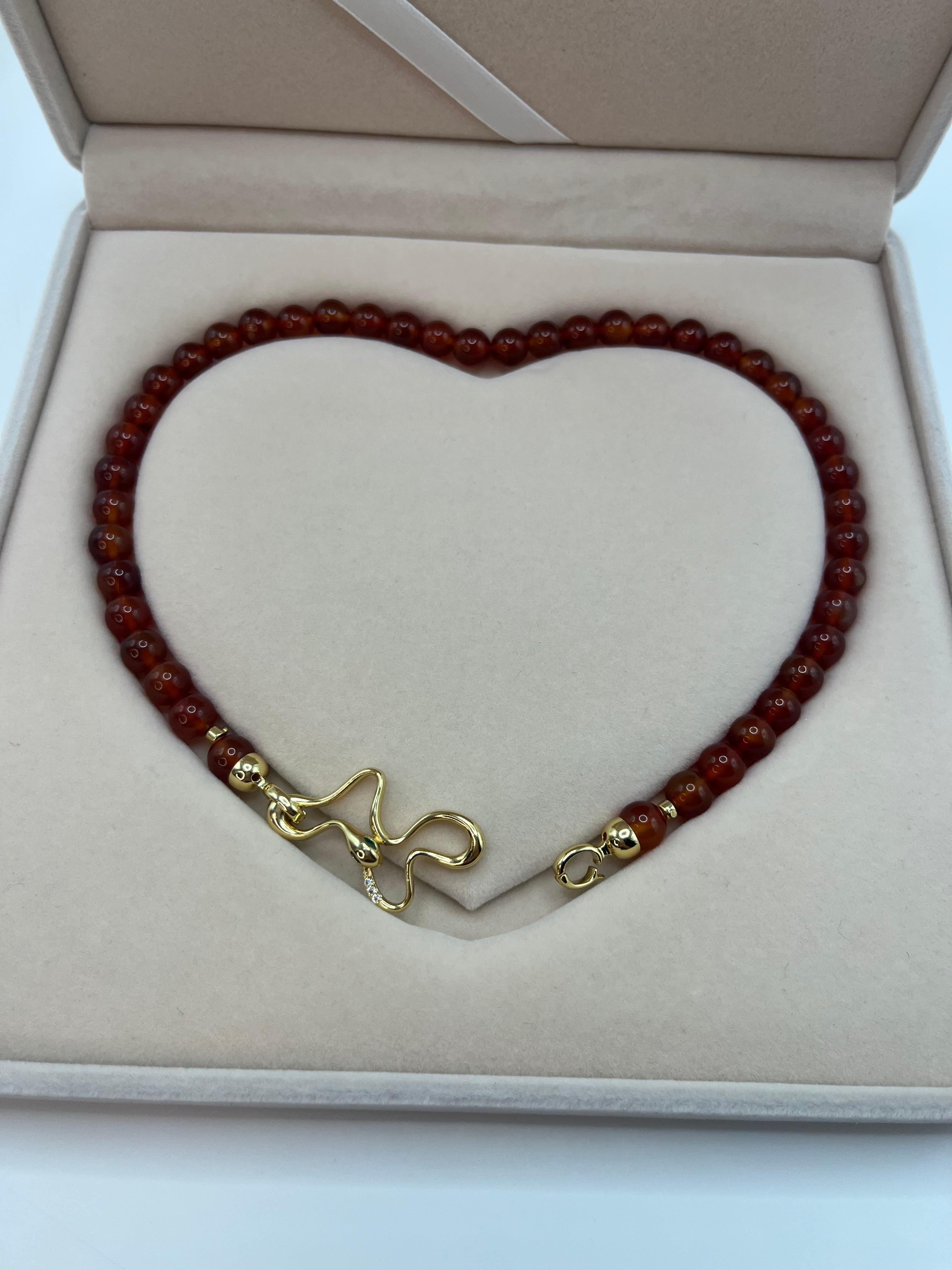 Natural Carnelian Necklace with 18K Gold Snake Clasp