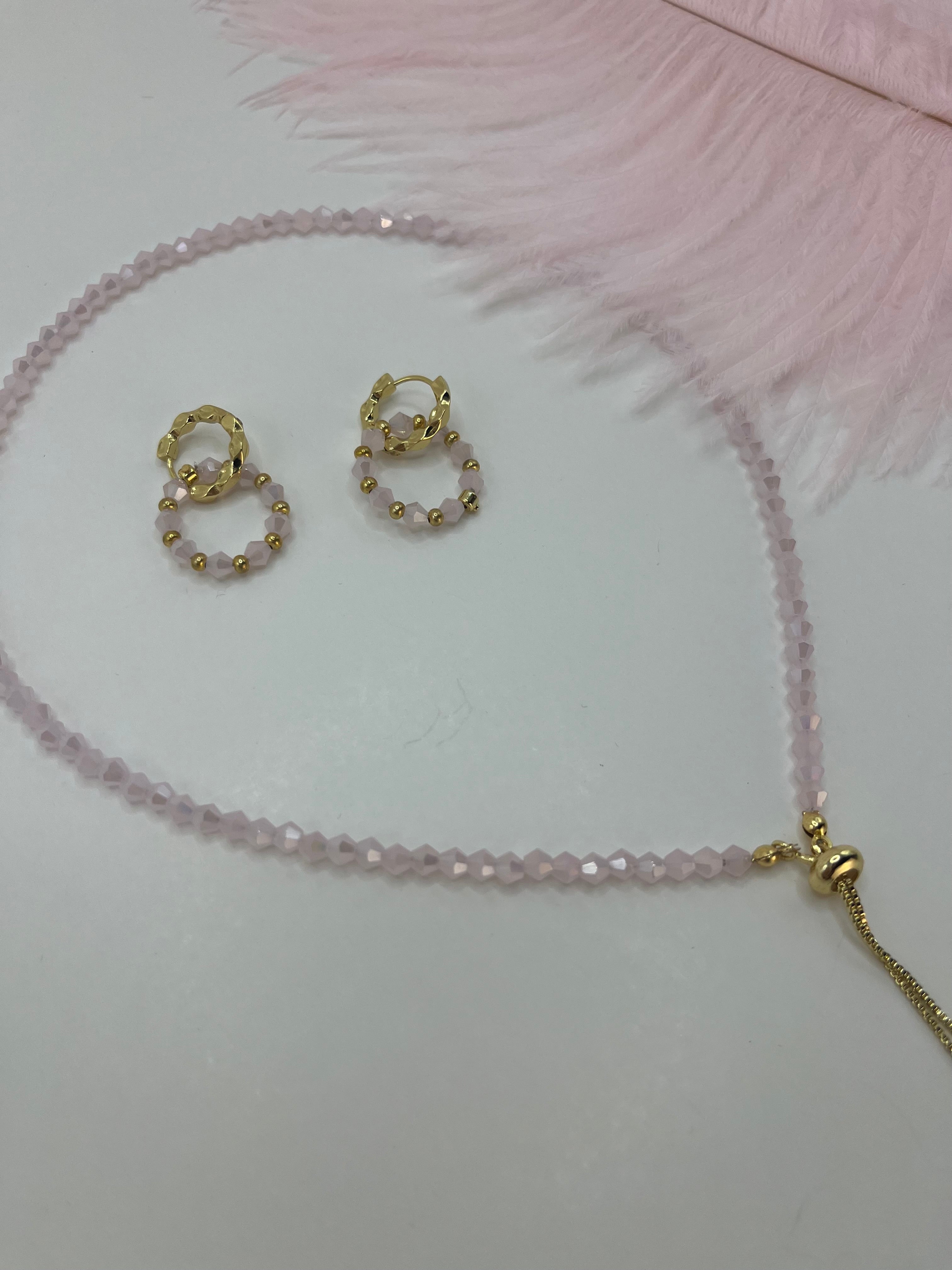 Set Pink Beaded Choker Necklace with Earrings – 18K Gold Plated