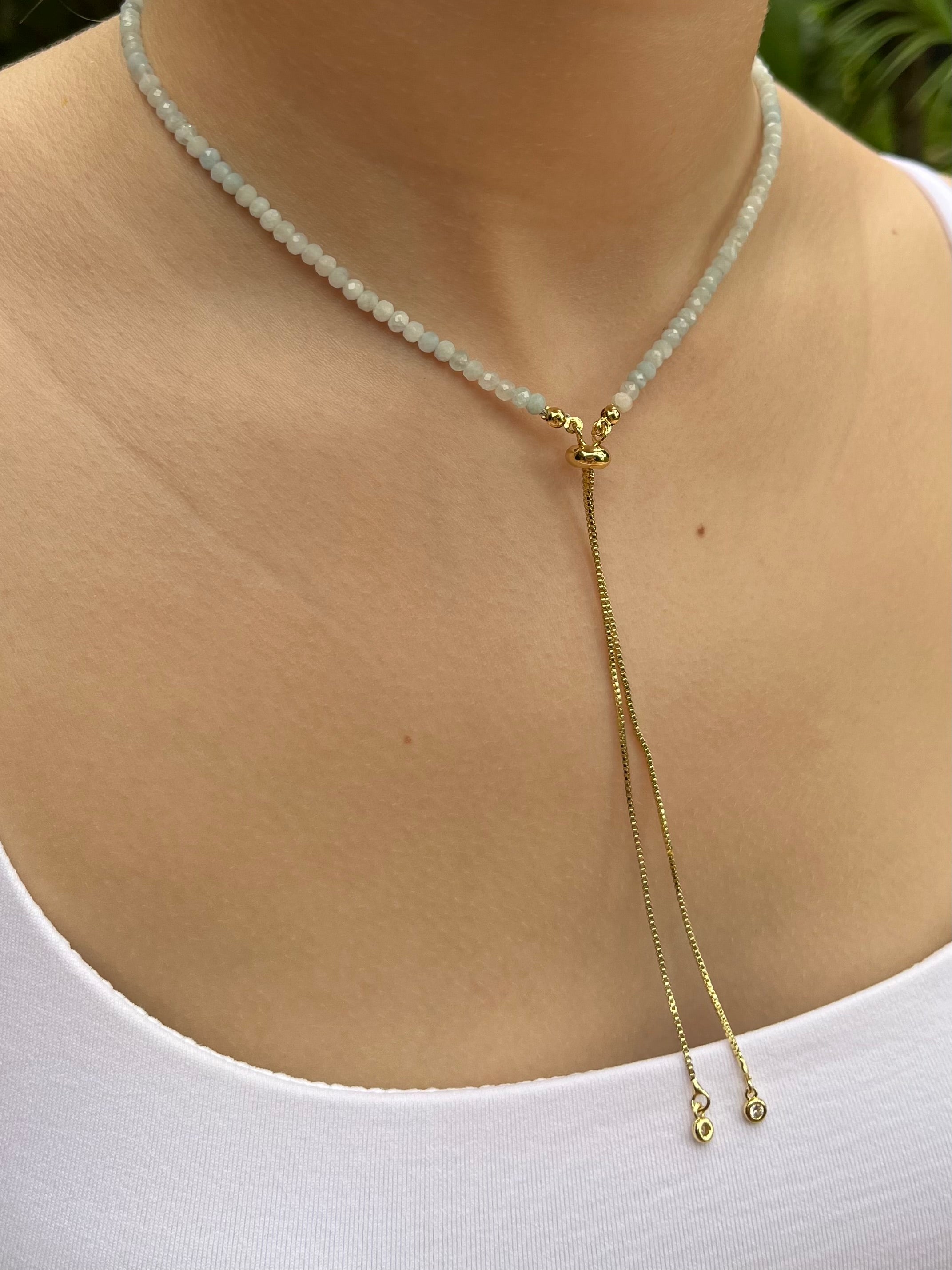 Aquamarine Slider Y-Necklace, 18k gold plated