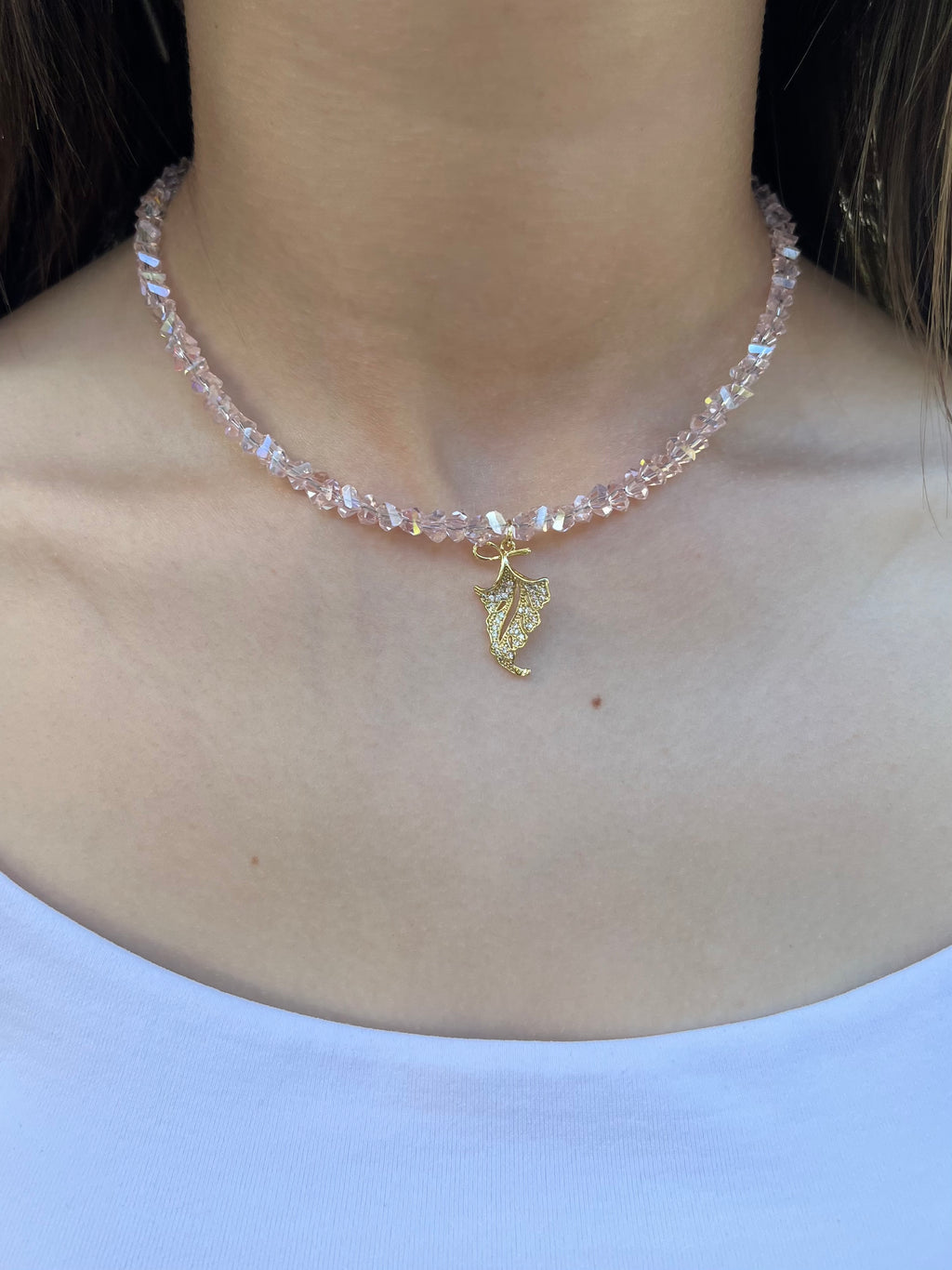 Pink crystal necklace with leaf pendant pendant