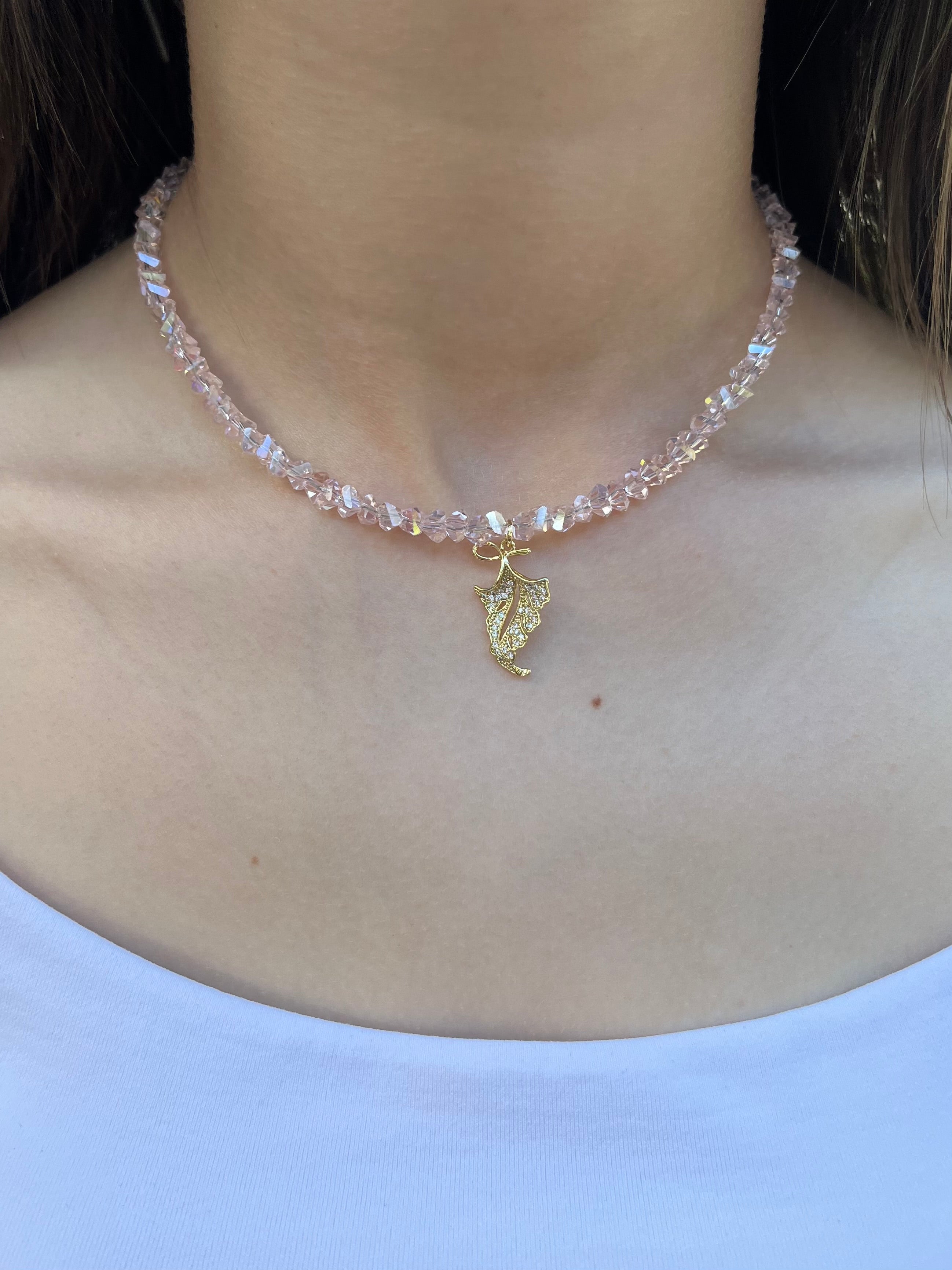 Pink crystal necklace with leaf pendant pendant
