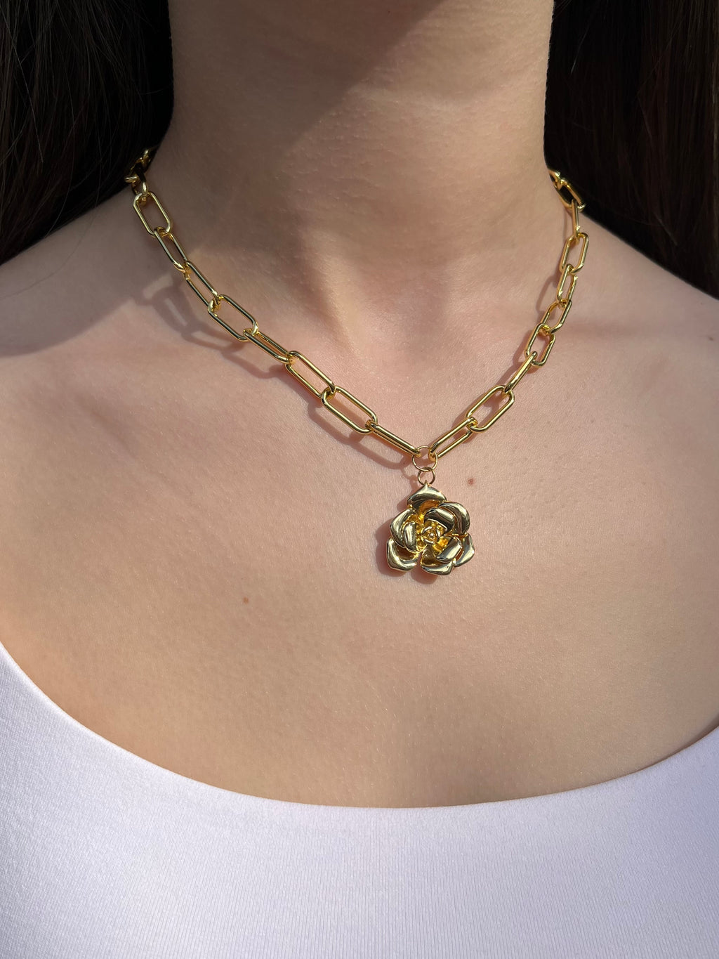 18K Gold Chunky Chain Necklace with rose