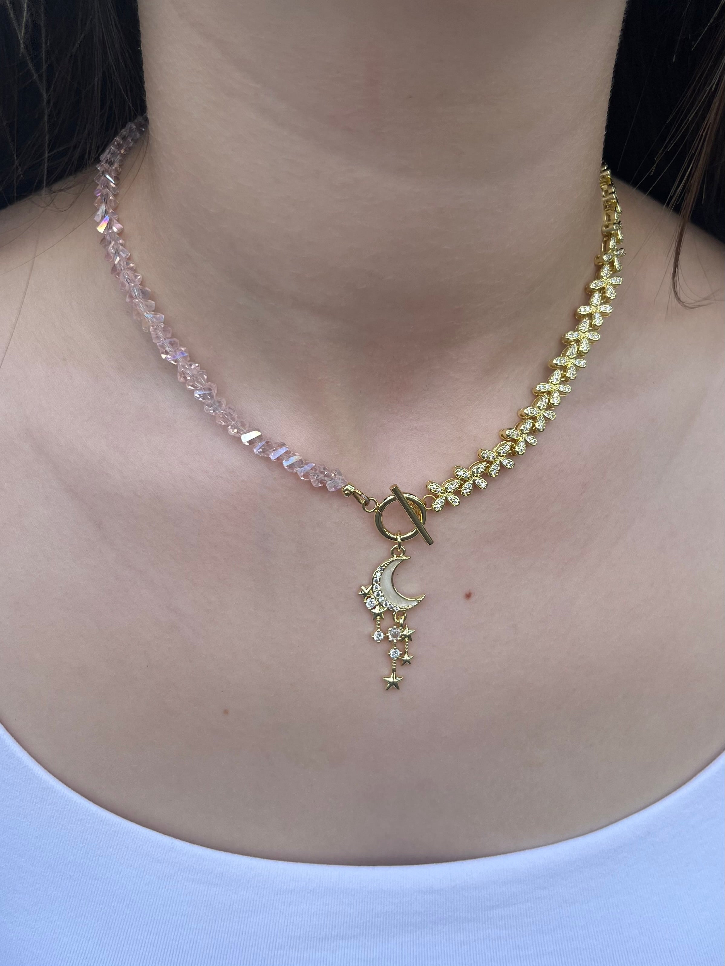 Asymmetrical Crystal Moon Necklace, 18k gold plated