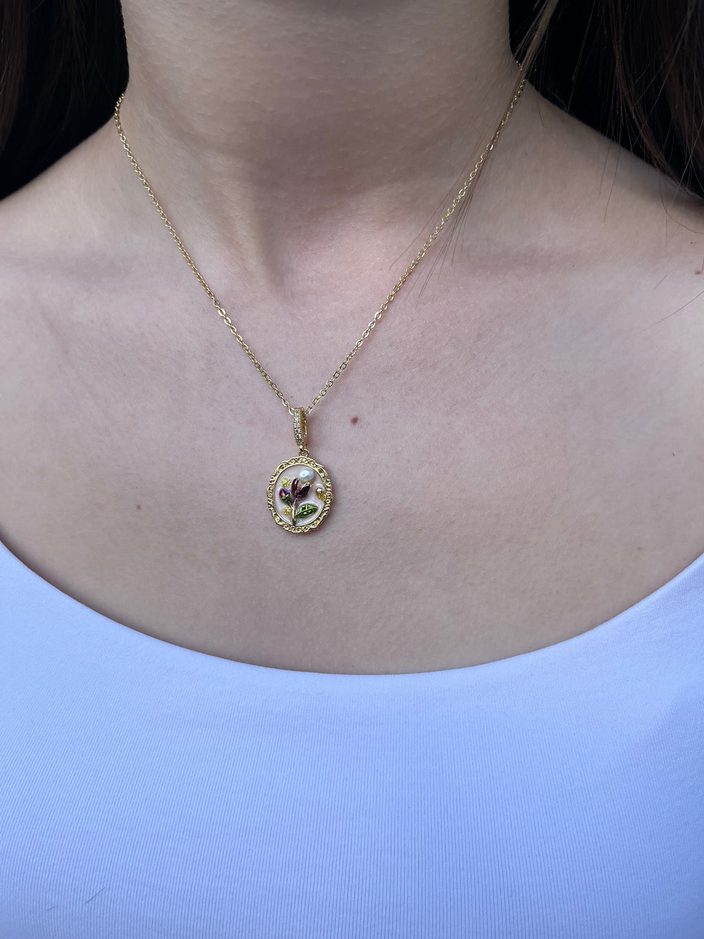 18K Gold Flower Enamel Pearl Pendant Necklace