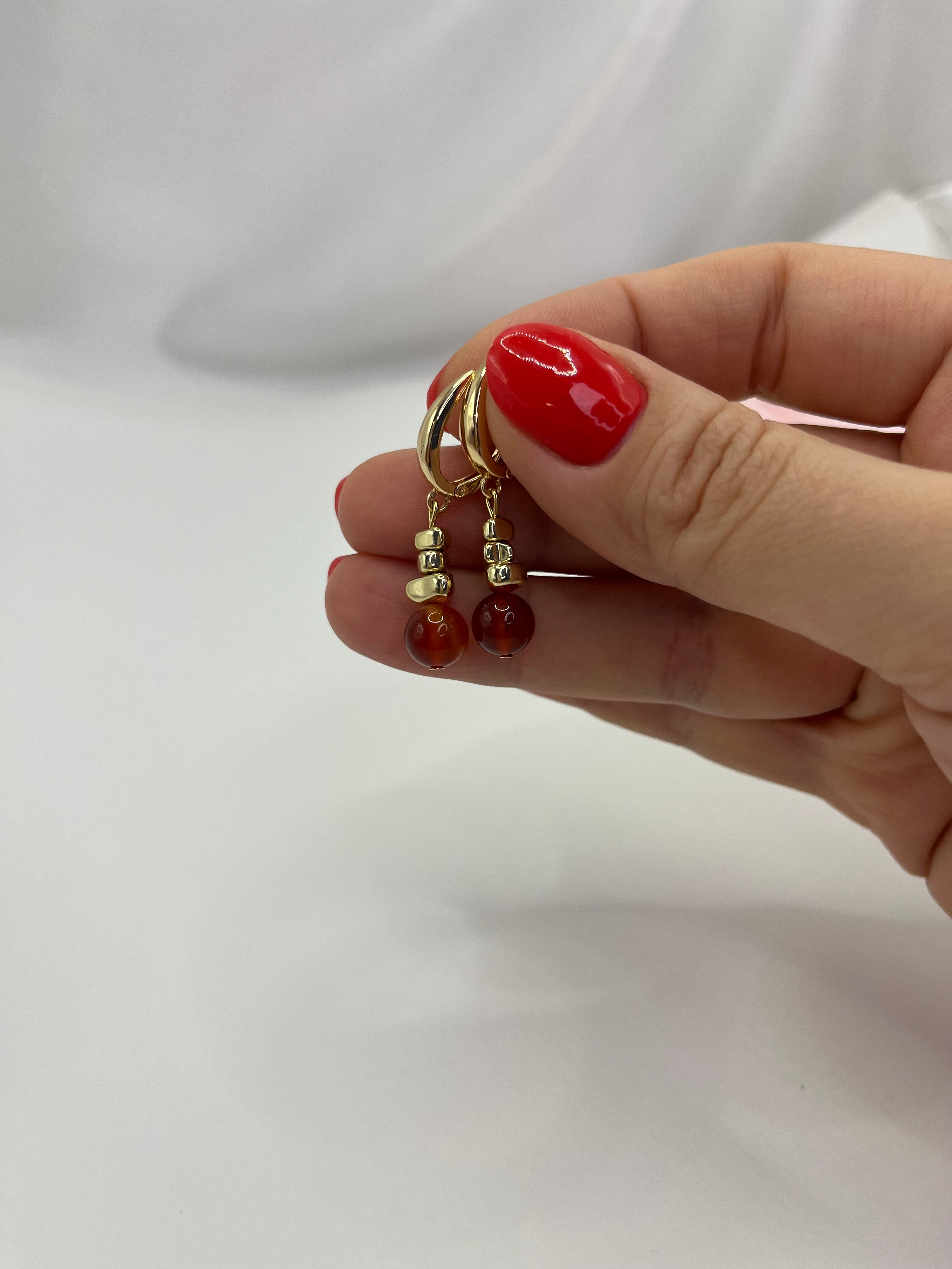 Set: Natural Carnelian Necklace with 18K Gold Cross and earrings