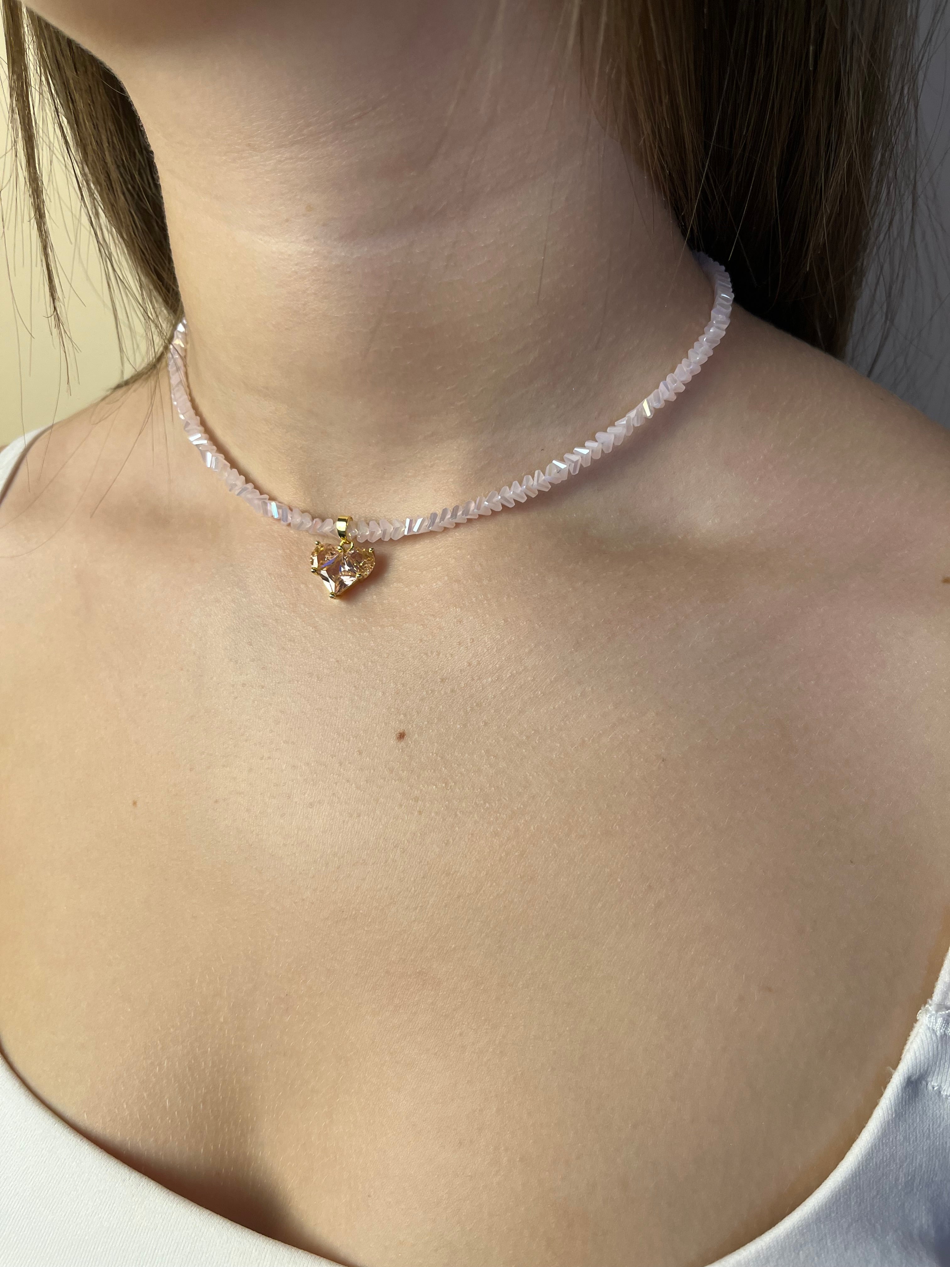 Crystal Pink Glass Bead Choker: 18K Gold Heart Pendant