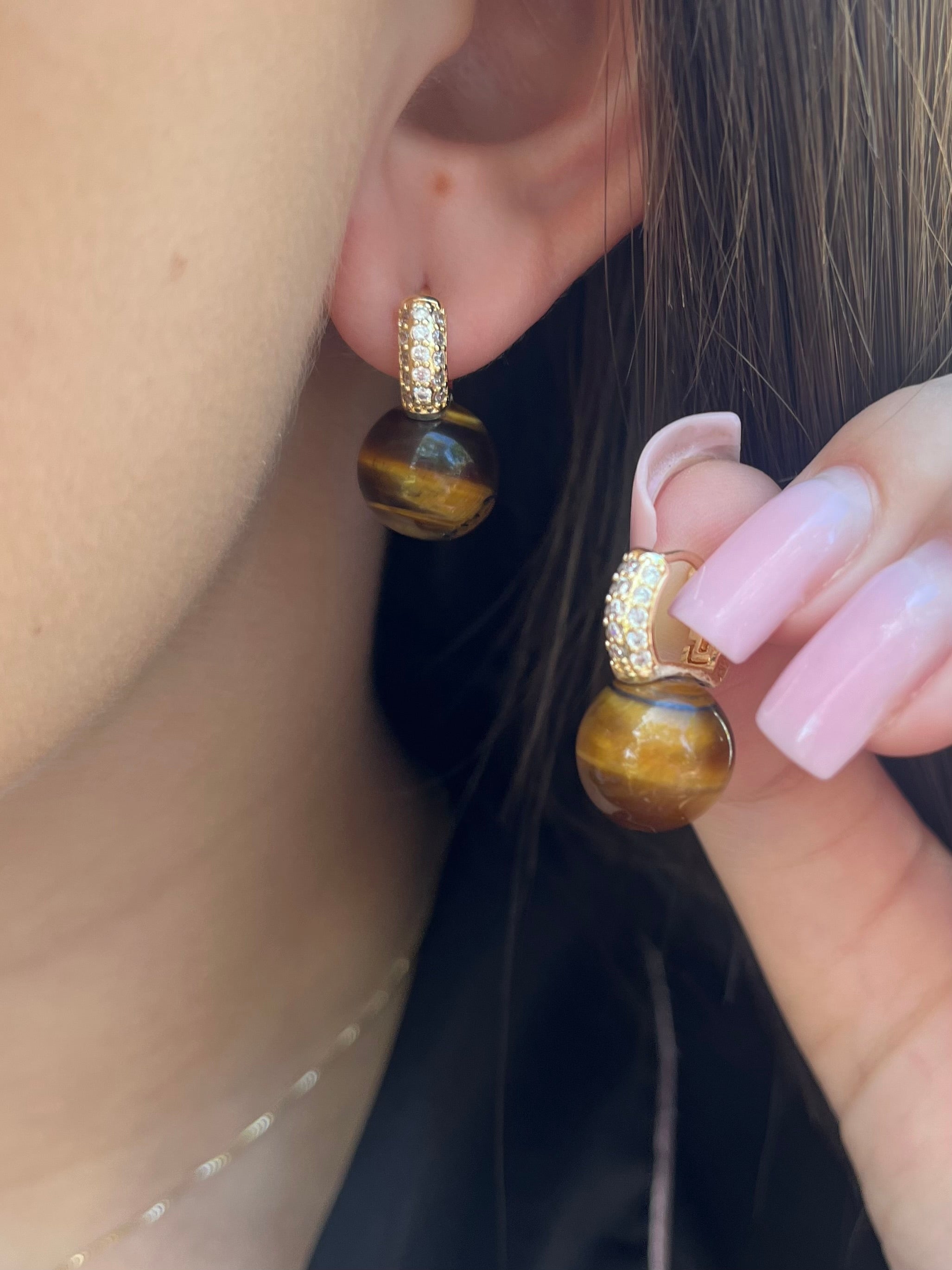 Natural Tiger eye Gold Zirconia Earrings