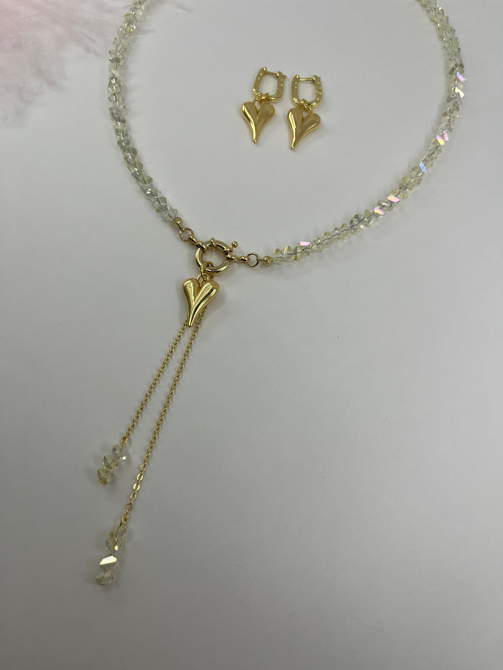 Set: Heart Crystal Y-Necklace and Earrings – 18K Gold Plated