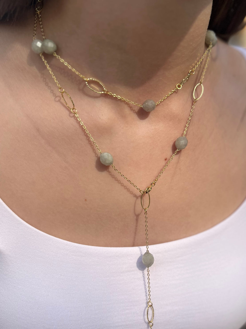 Layered Long Natural Malaysia Jade Necklace with 18K Gold chain
