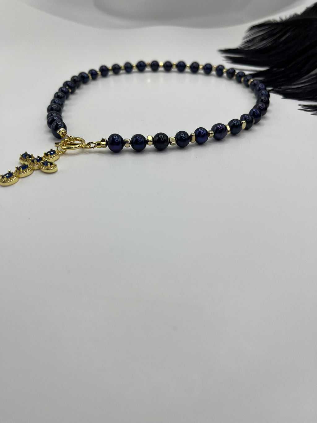 Blue Pearl Choker Necklace with Cross pendant: 18K Gold Plated