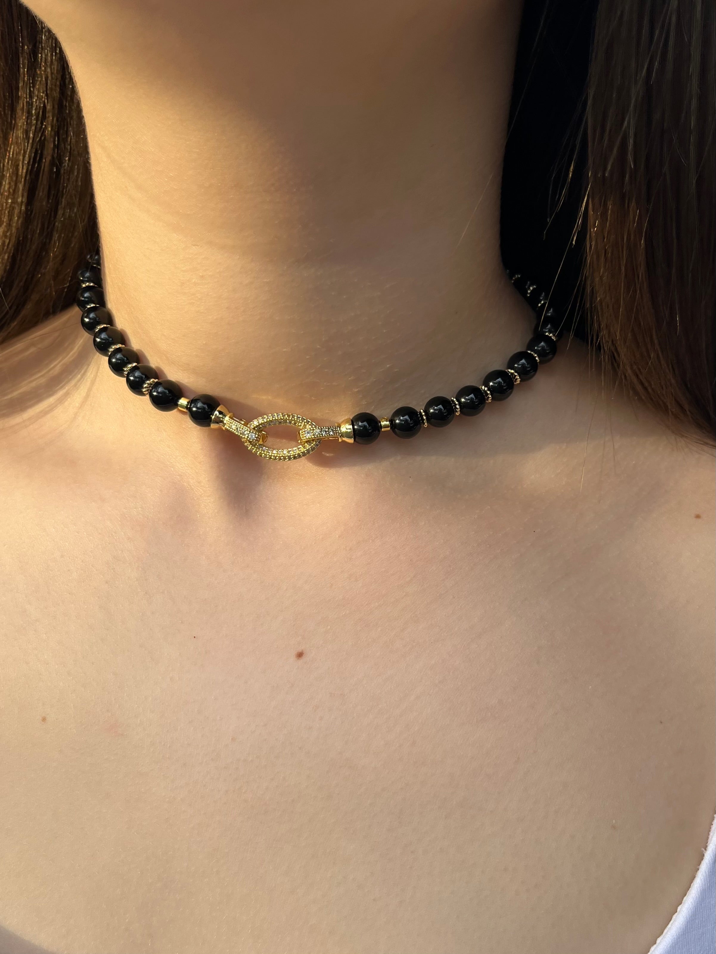 Black Onyx Choker – 18K Gold Plated Zirconia Clasp