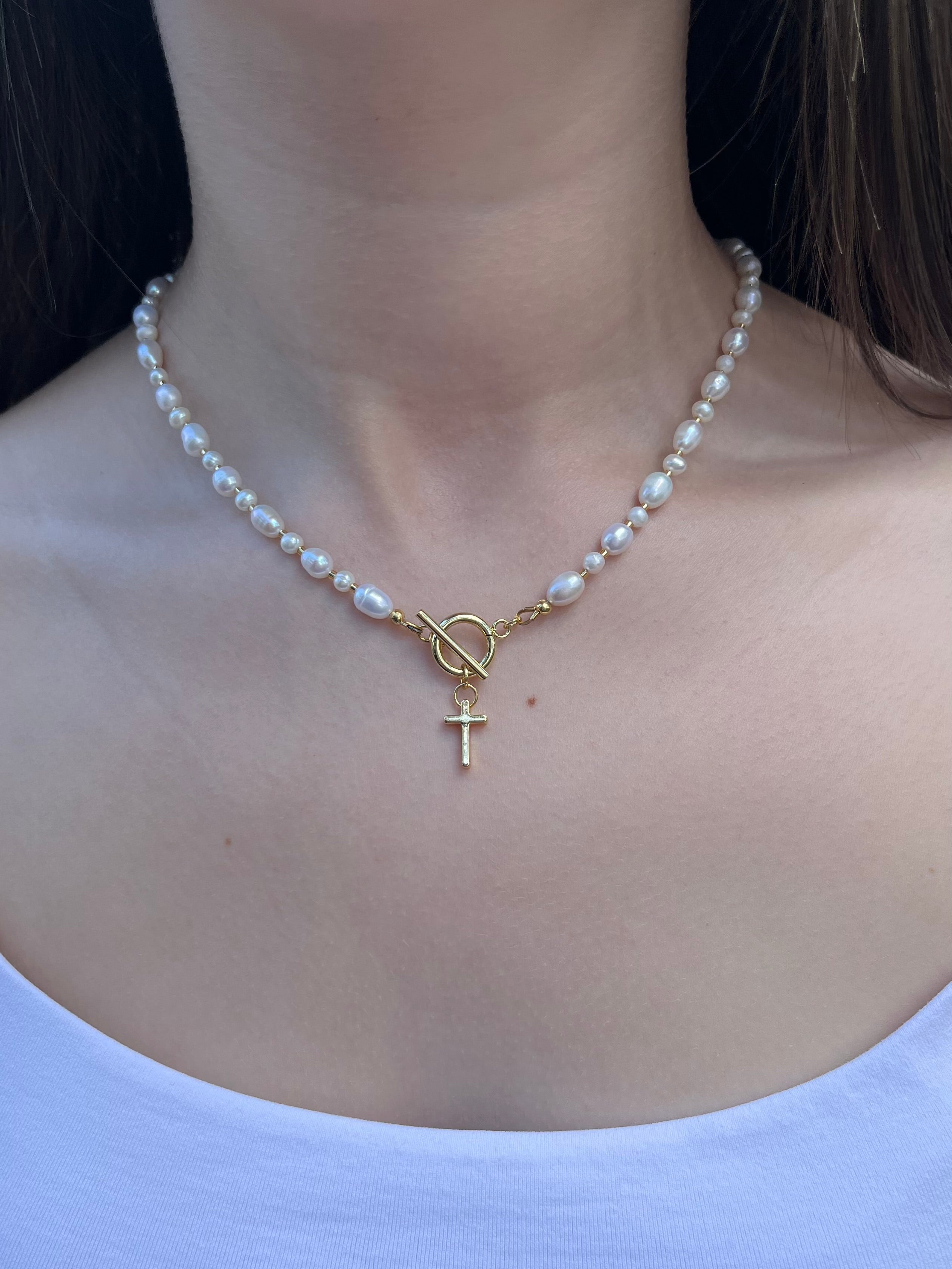Natural Pearl Choker Necklace with Cross pendant: 18K Gold Plated
