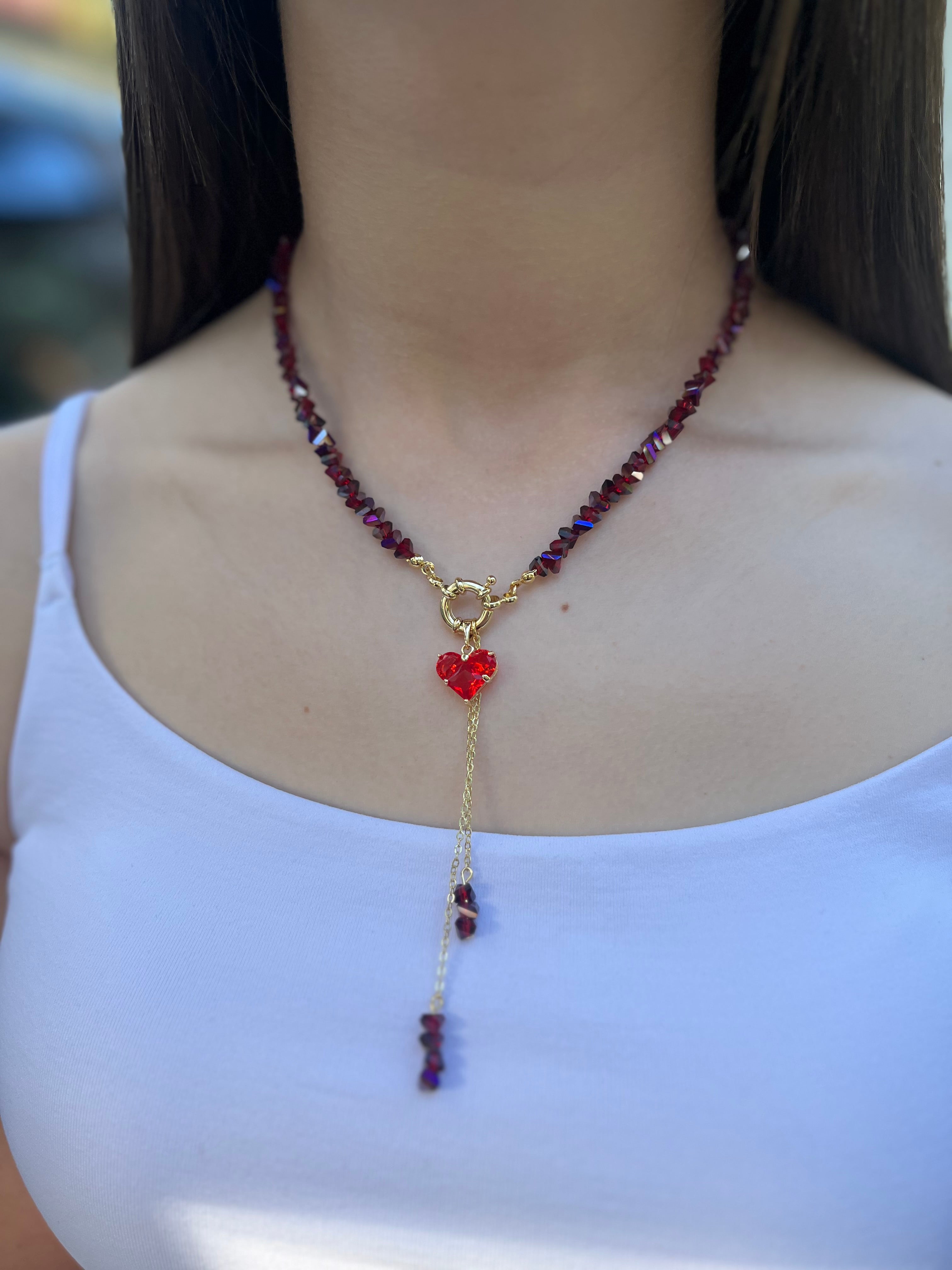 Set: Heart Crystal Burgundy Y-Necklace and Earrings – 18K Gold Plated