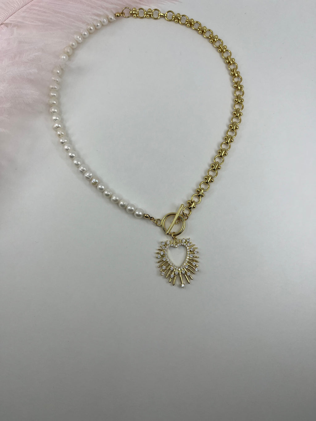 Asymmetrical Pearl Necklace with Heart Pendant, 18K Gold Plated Chain
