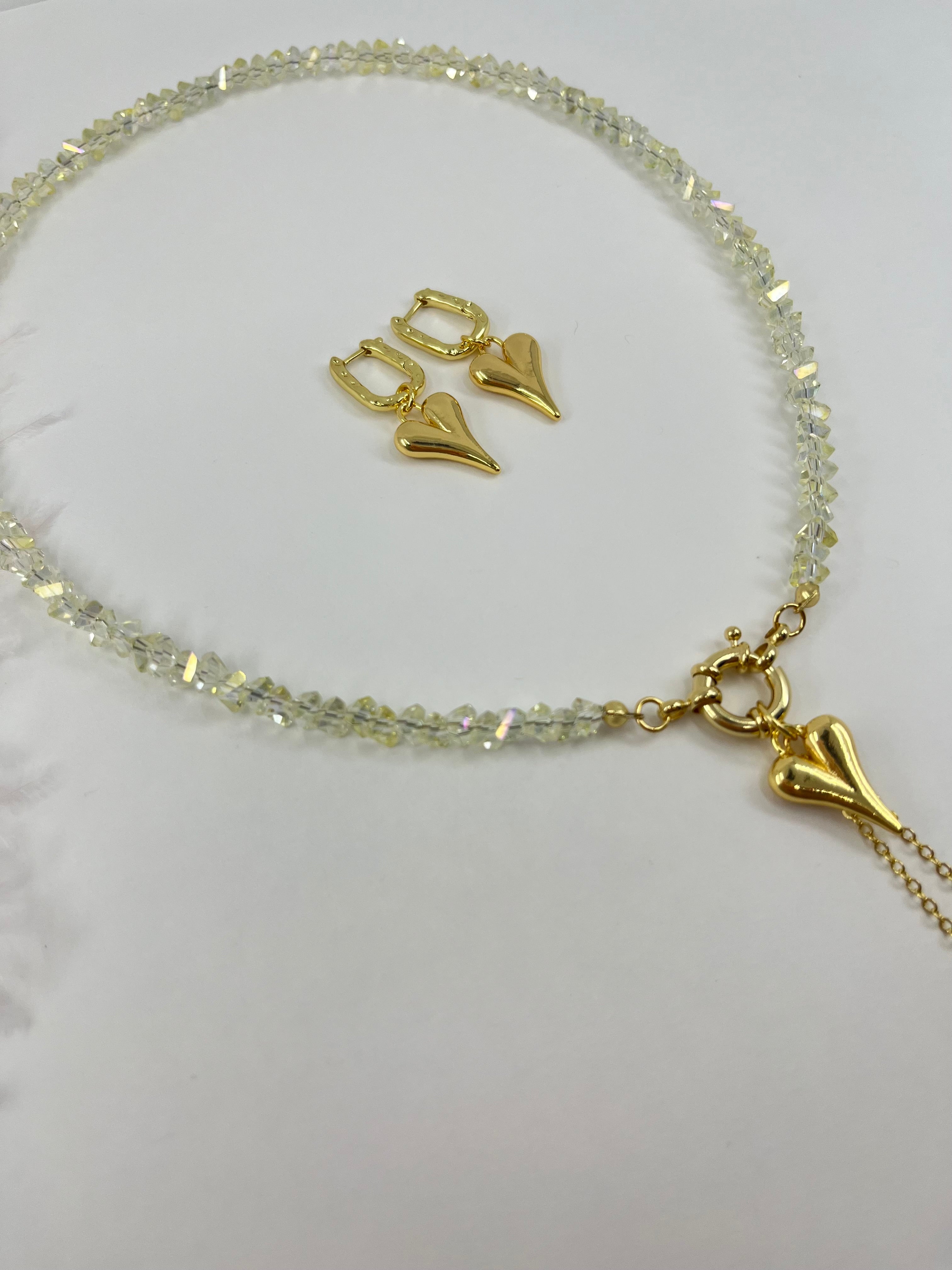 Set: Heart Crystal Y-Necklace and Earrings – 18K Gold Plated