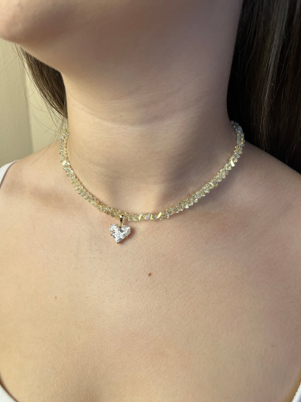Crystal Glass Bead Choker: 18K Gold Heart Pendant