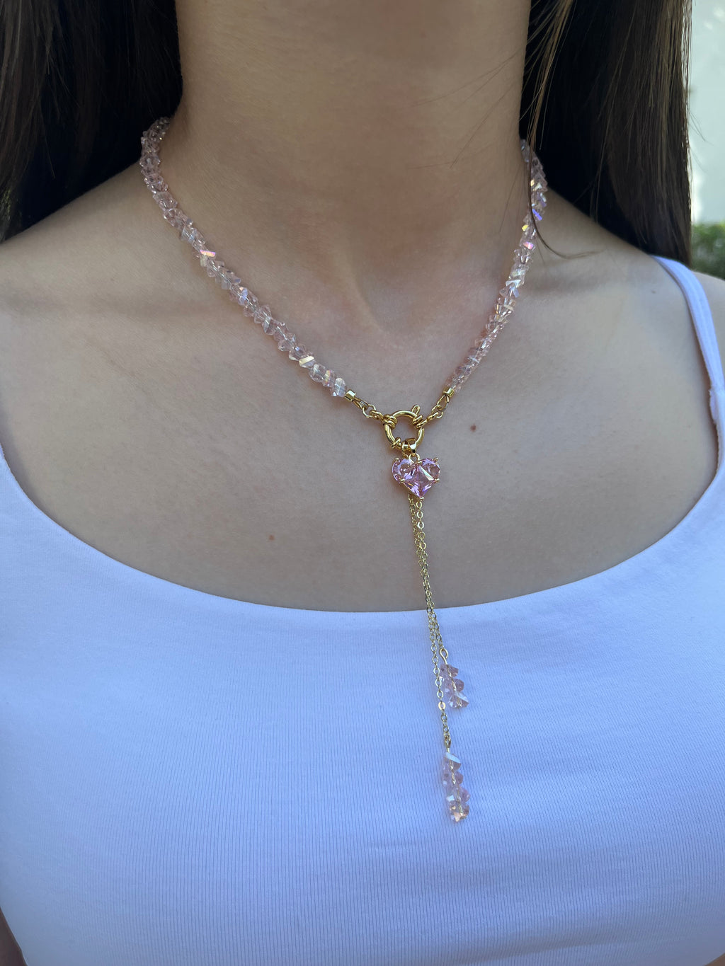 Set: Heart Pink Crystal Y-Necklace and Earrings – 18K Gold Plated, Cubic Zirconia