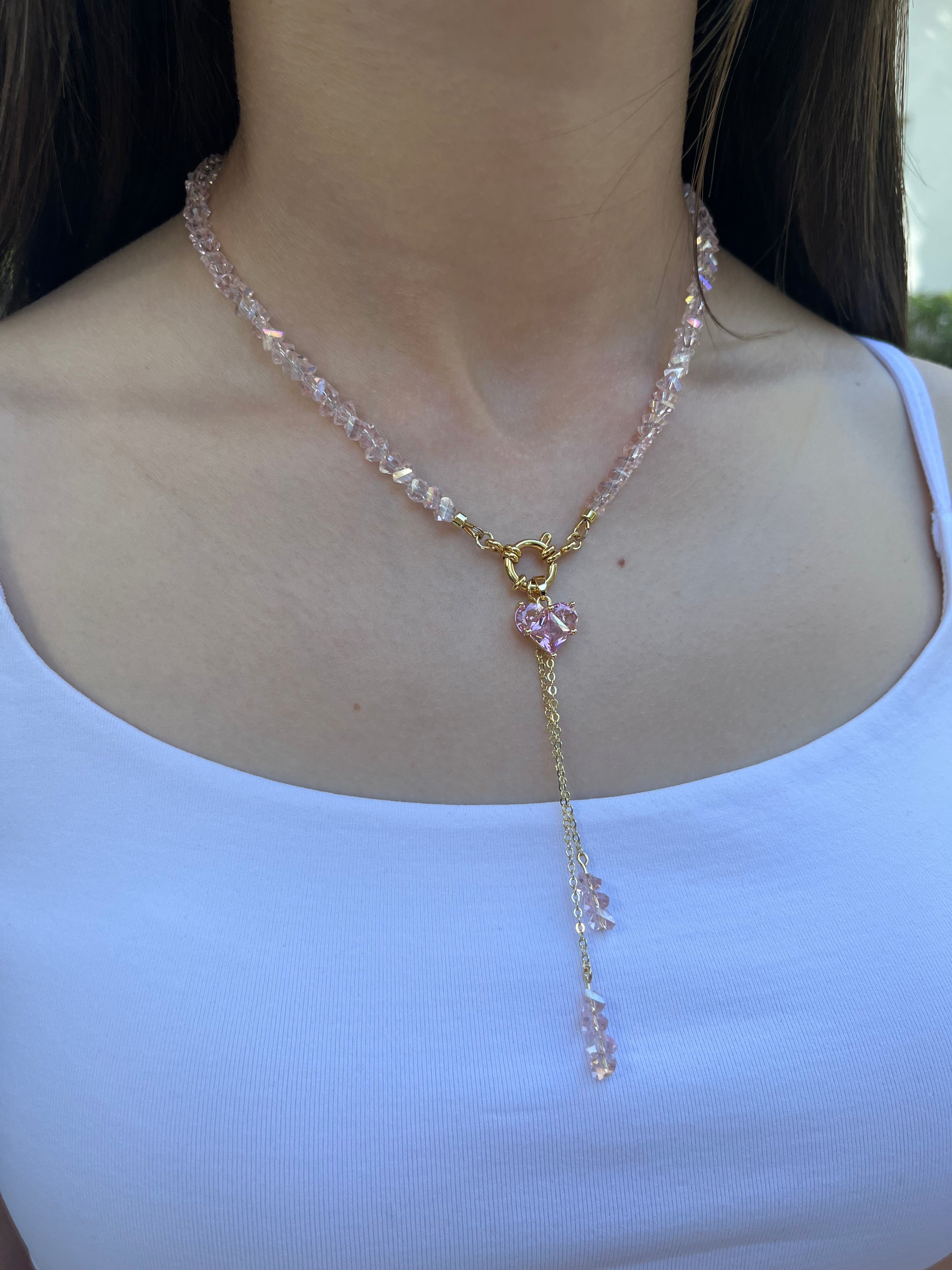 Set: Heart Pink Crystal Y-Necklace and Earrings – 18K Gold Plated, Cubic Zirconia