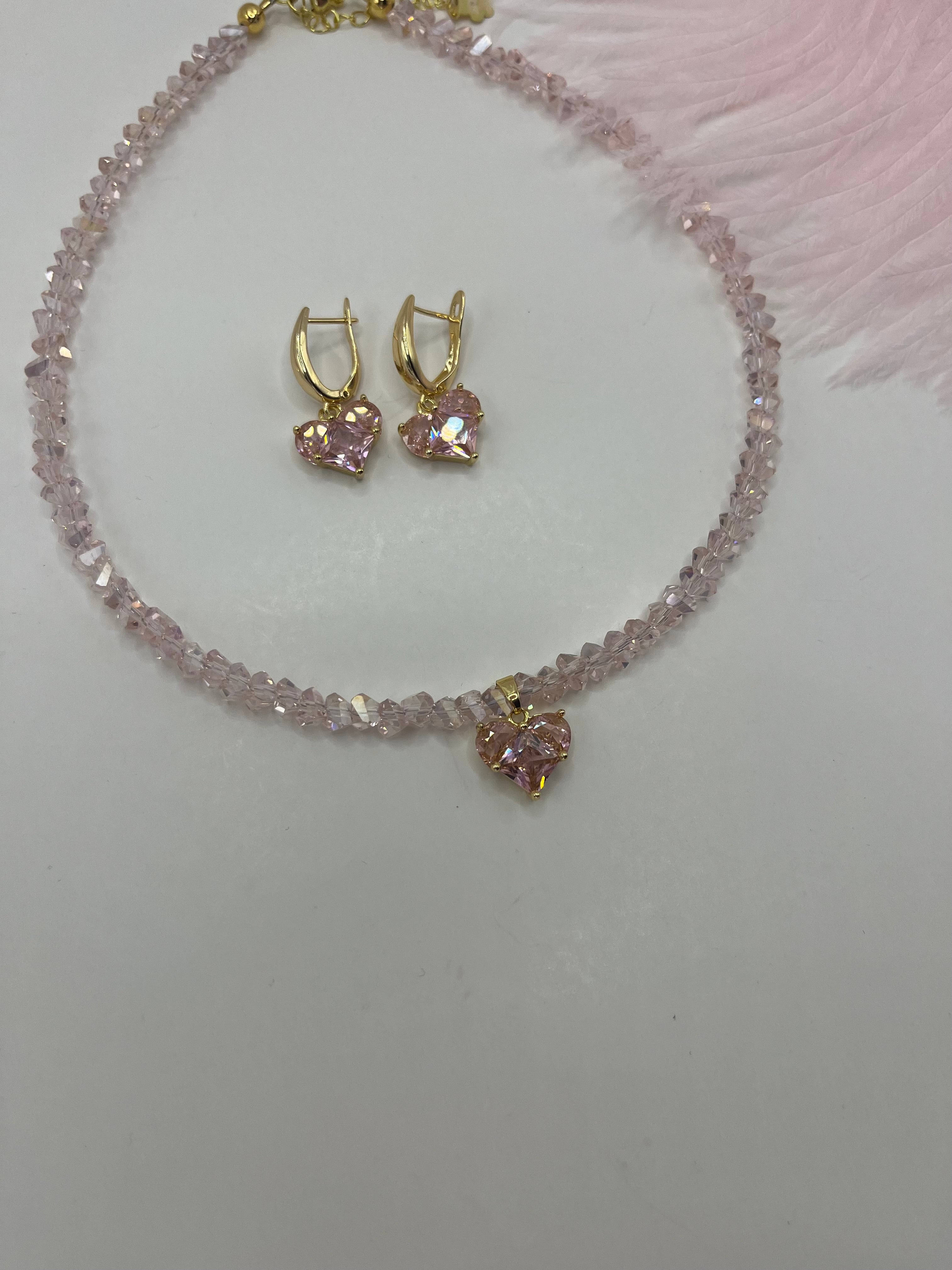 Set: Heart Pink Crystal Choker Necklace and Earrings – 18K Gold Plated, Cubic Zirconia, Nickel Free