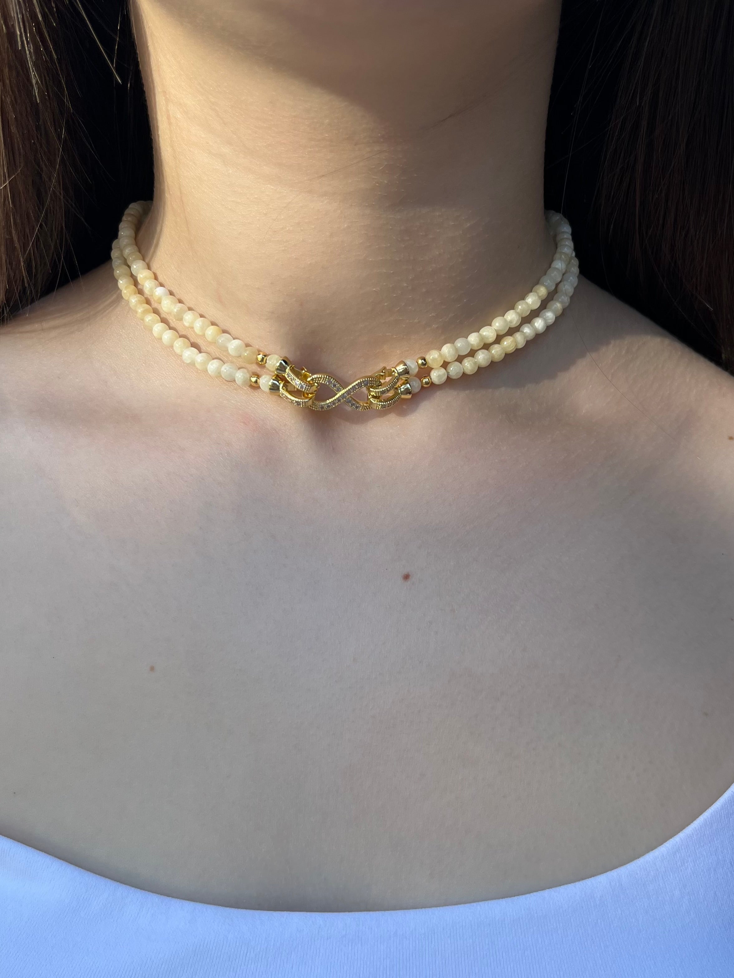 Topaz Jade Choker Necklace : 18K Gold Plated Zirconia Infinity Clasp