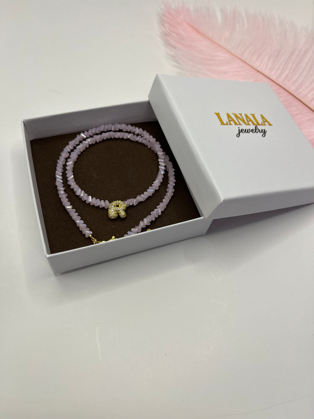 Initial Charm Pink Crystal Necklace – 18K Gold Plated, Cubic Zirconia