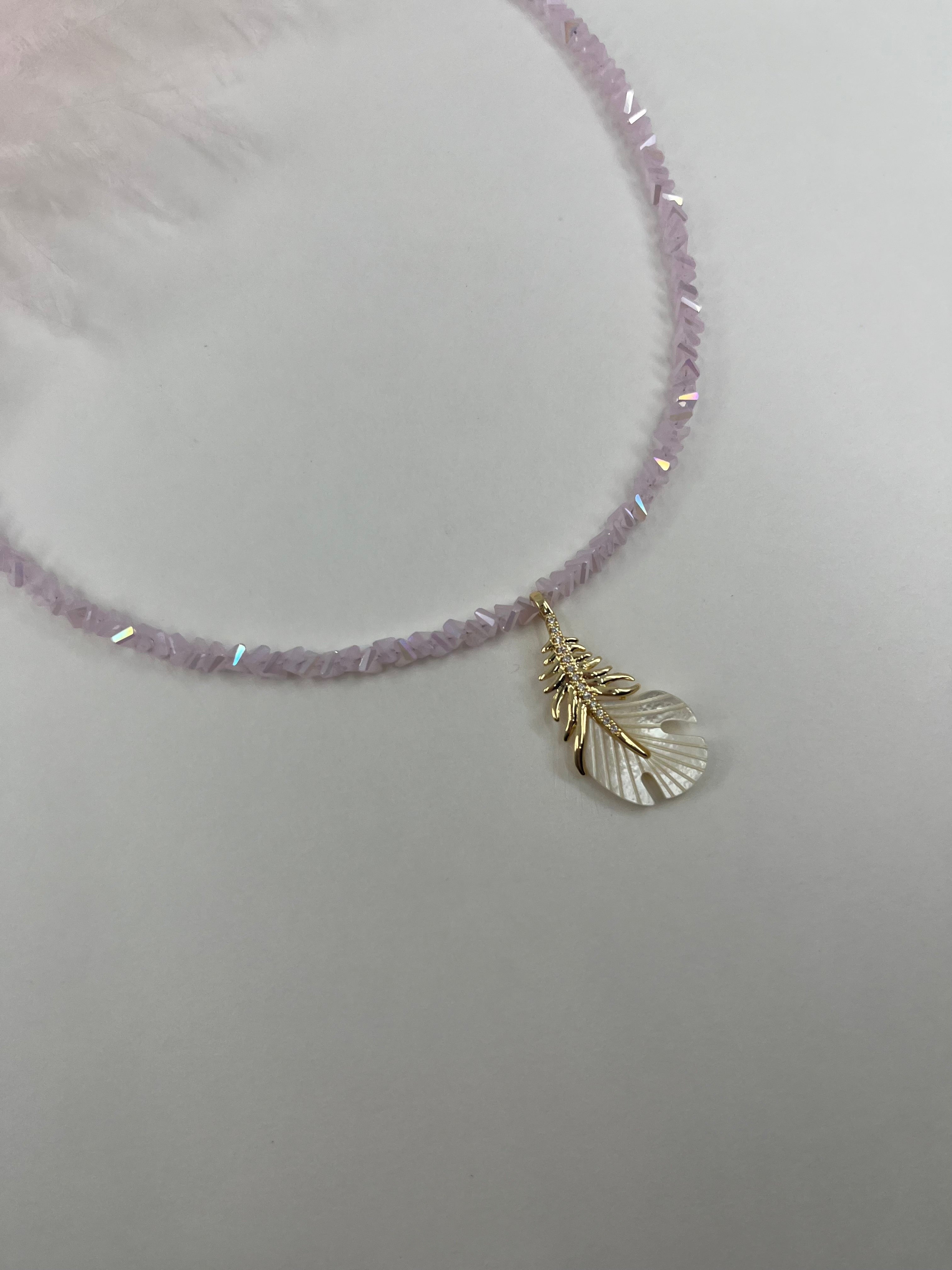 Pink crystal necklace with 14K gold Feather pendant