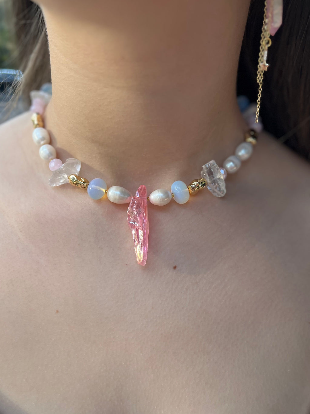 Set: Rose Quartz and Pearls Necklace and Earrings