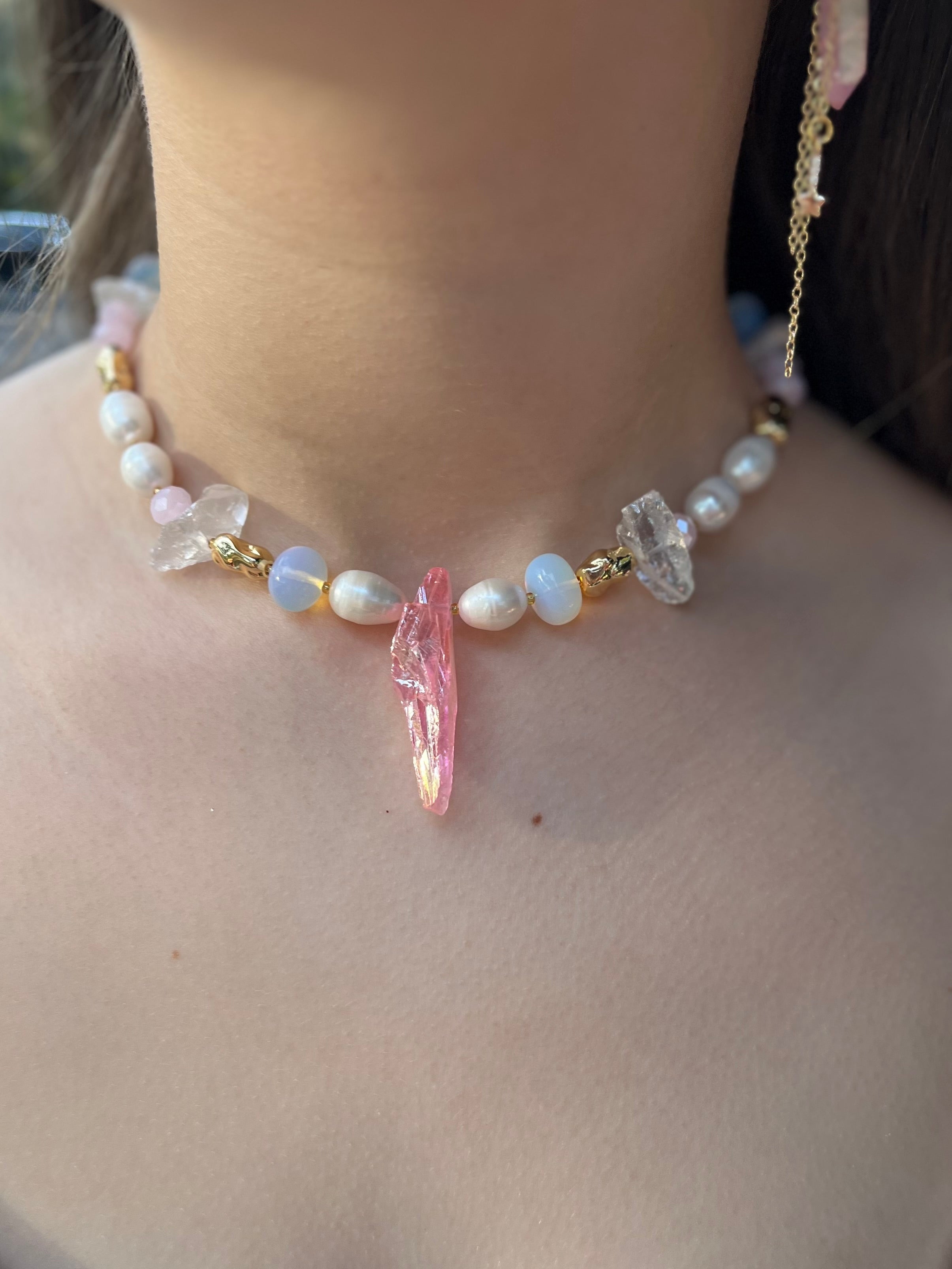 Set: Rose Quartz and Pearls Necklace and Earrings
