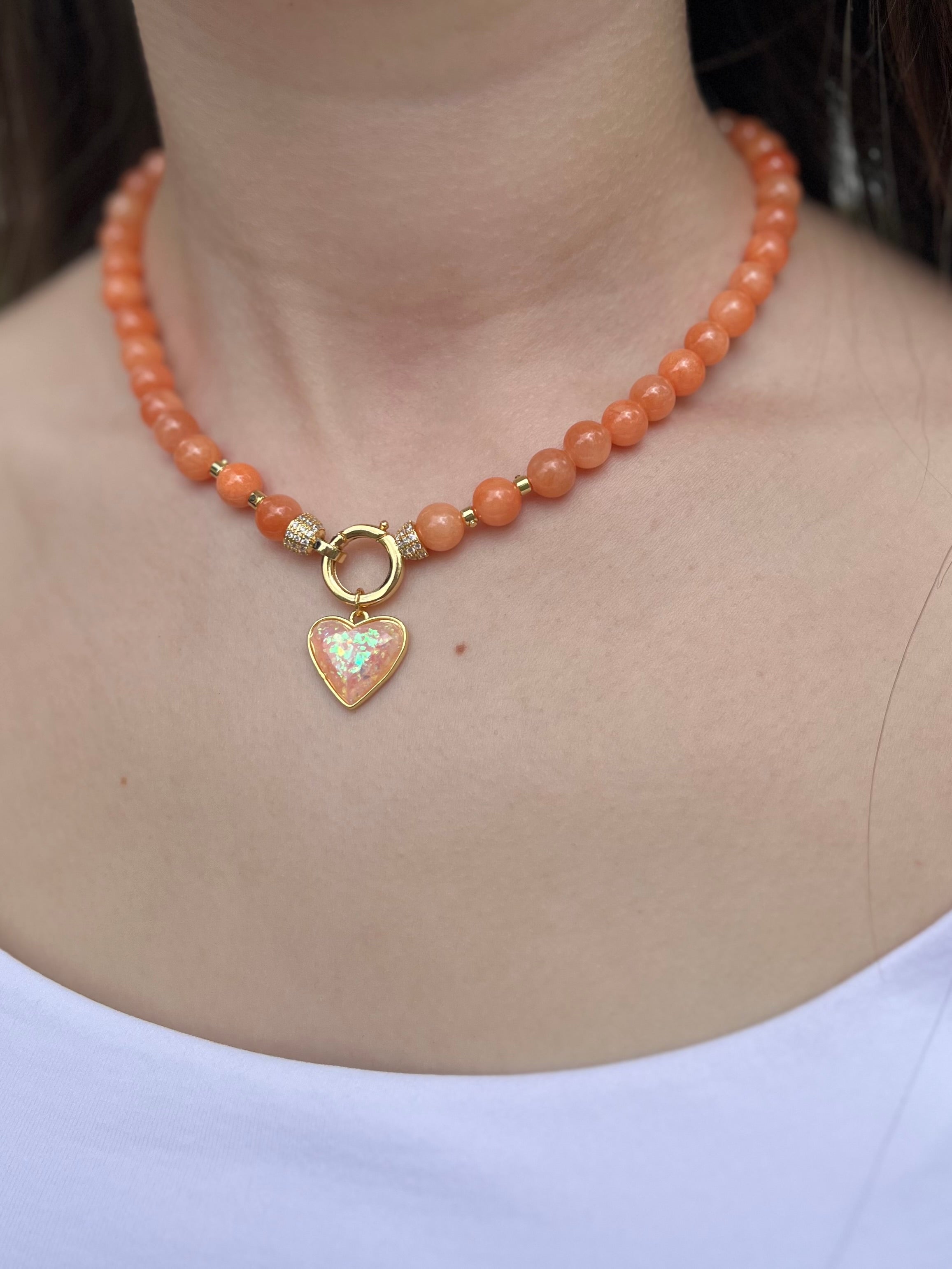 Natural Coral Jade Necklace with Heart Pendant