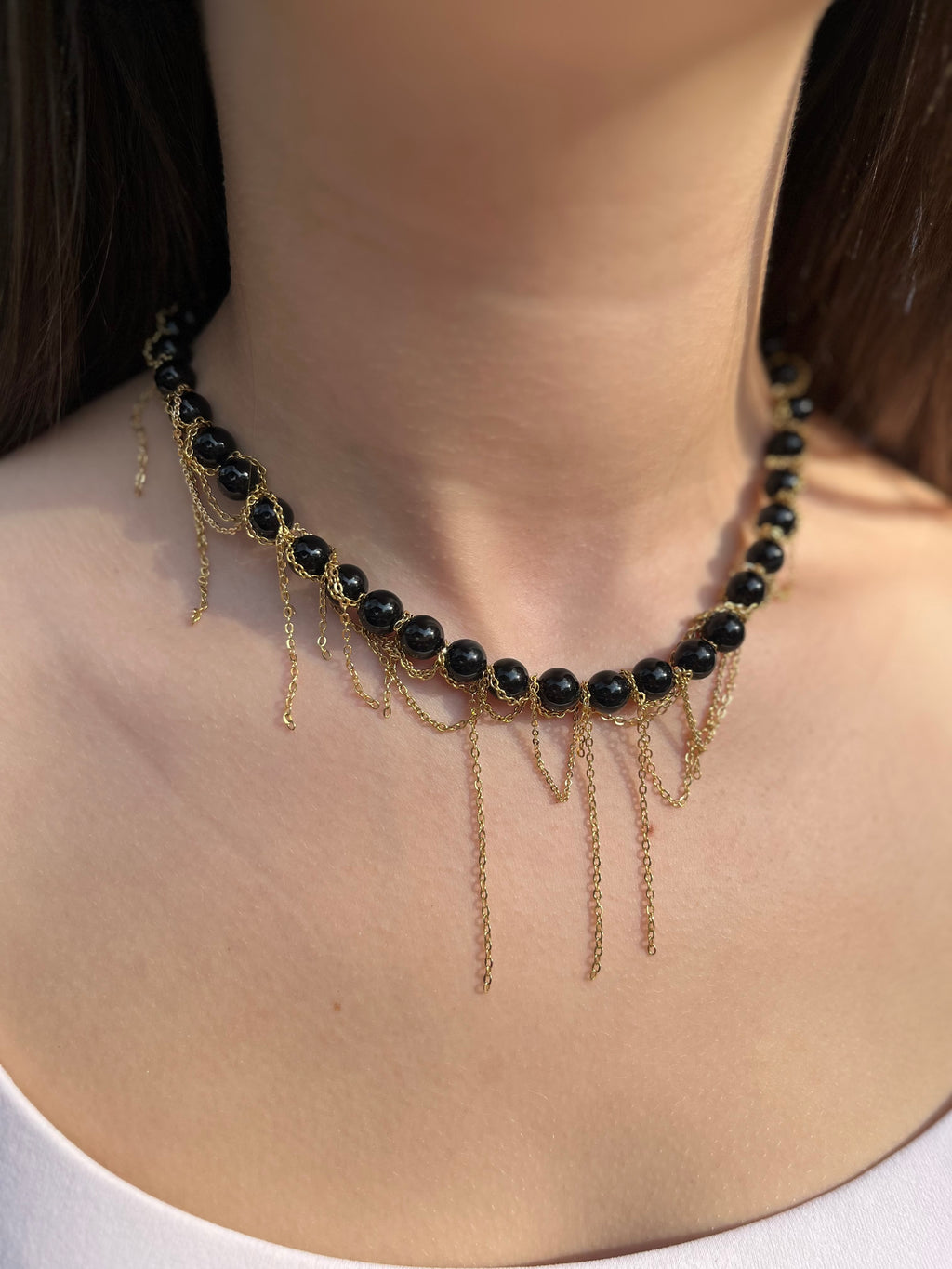 Black Onyx Layered necklace– 18K Gold Plated Chain