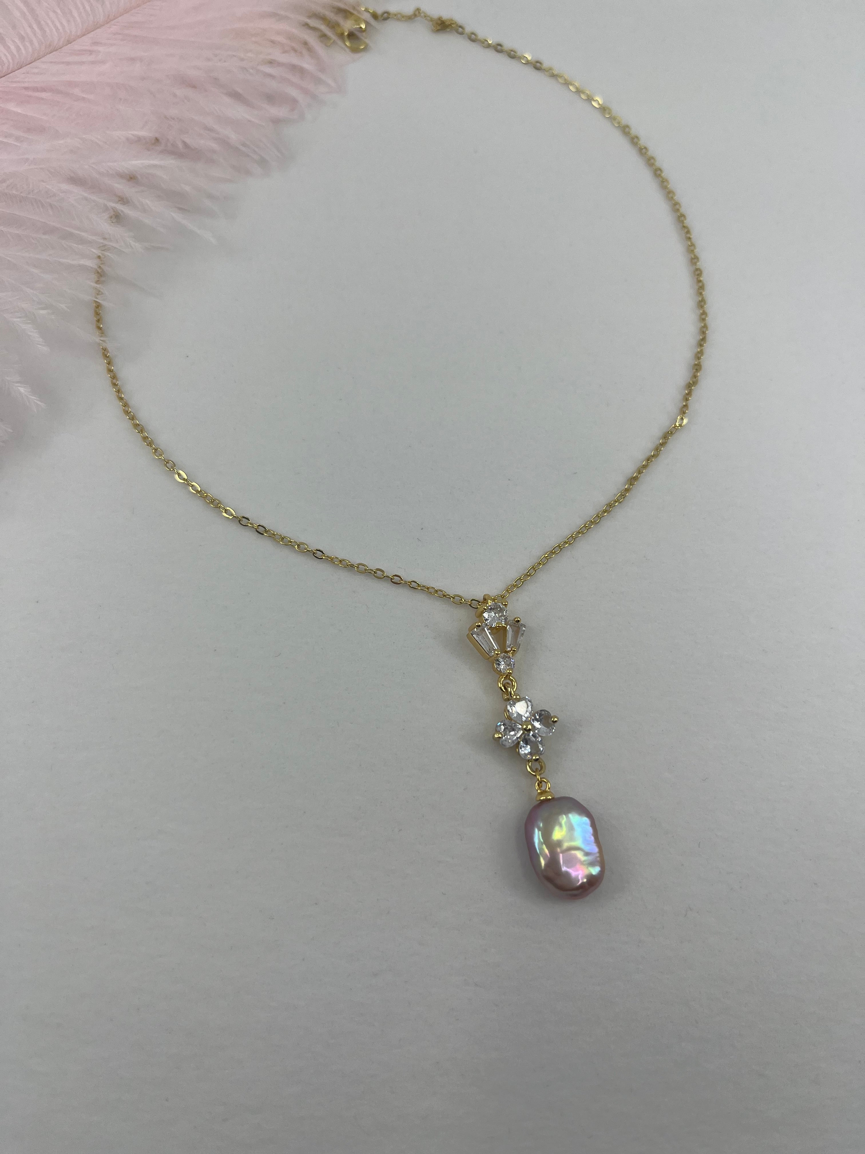 Baroque Pearl and zirconia Y-Necklace, 18k gold plated