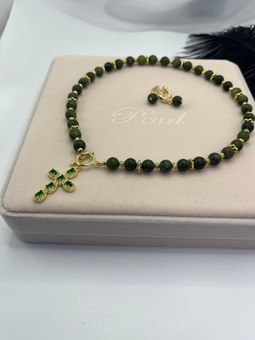 Set: Natural Taiwan Jade Necklace with Zirconia Cross 18K Gold plated