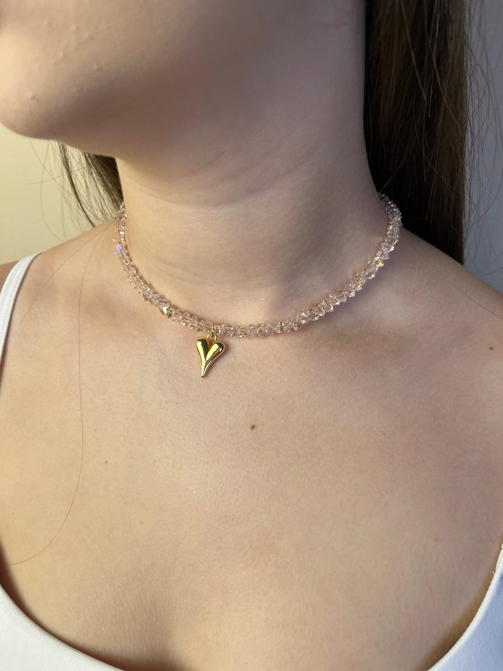Crystal Glass Bead Choker: 18K Gold Heart Pendant