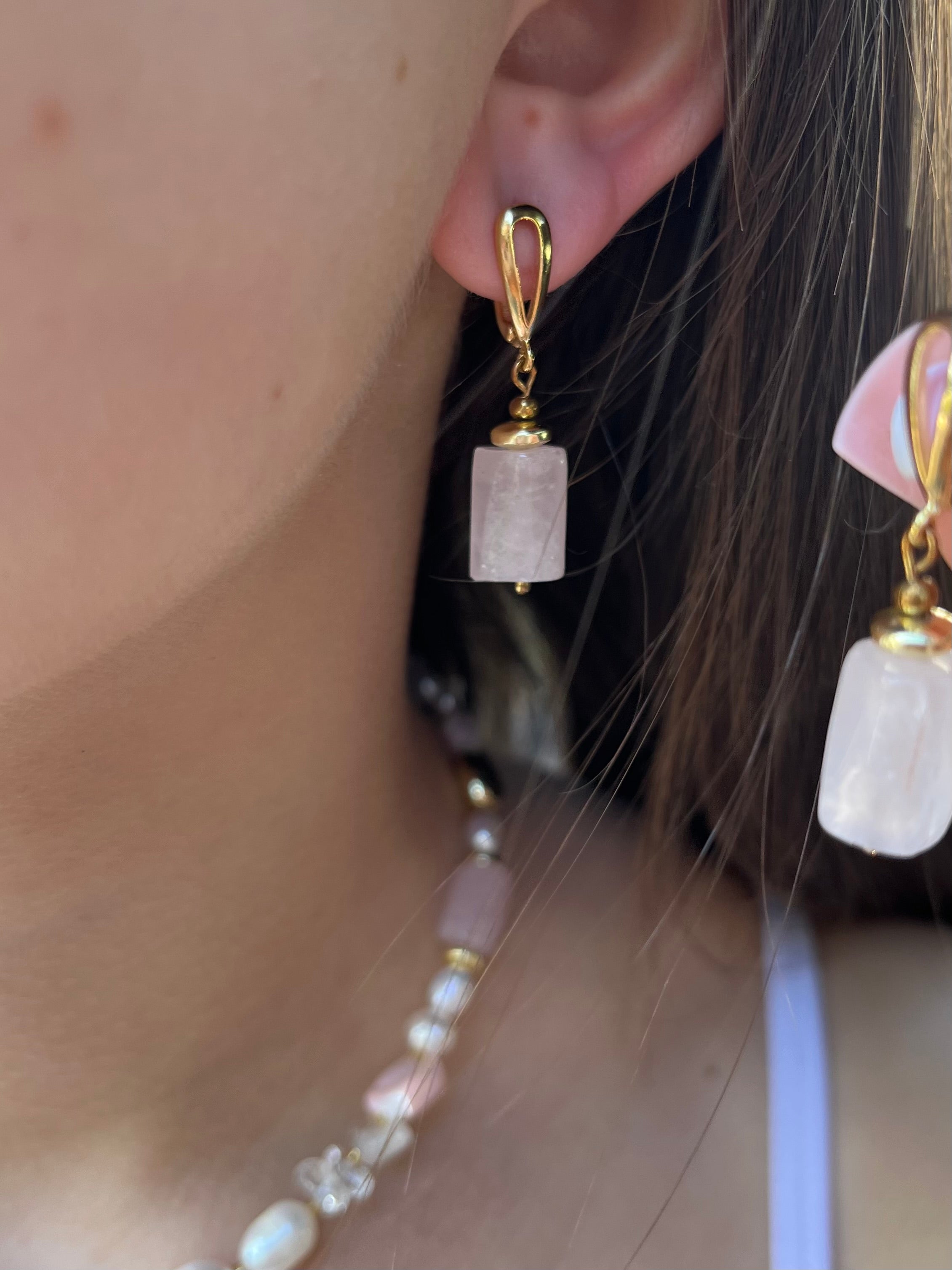 Set: Pearl and Rose Quartz Necklace and Earrings