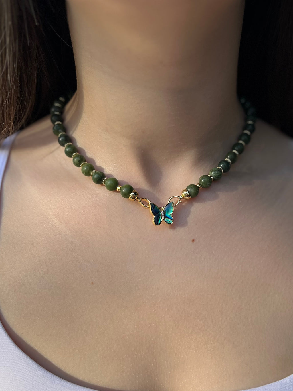 Natural Taiwan Jade Necklace with 18K Gold Butterfly Clasp