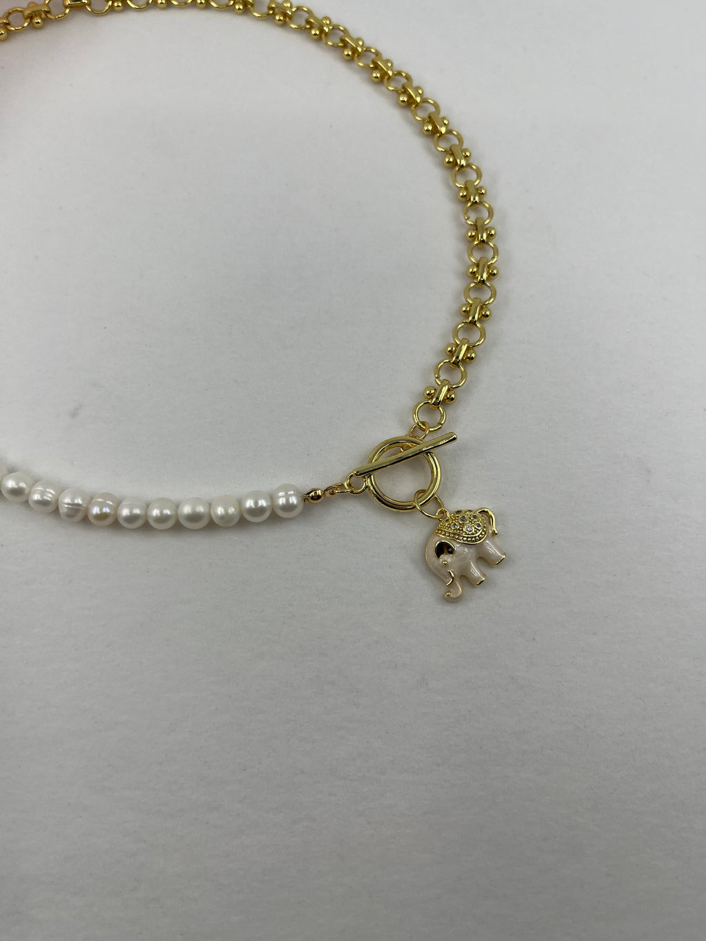 Asymmetrical Pearl Necklace with Elephant Pendant, 18K Gold Plated Chain
