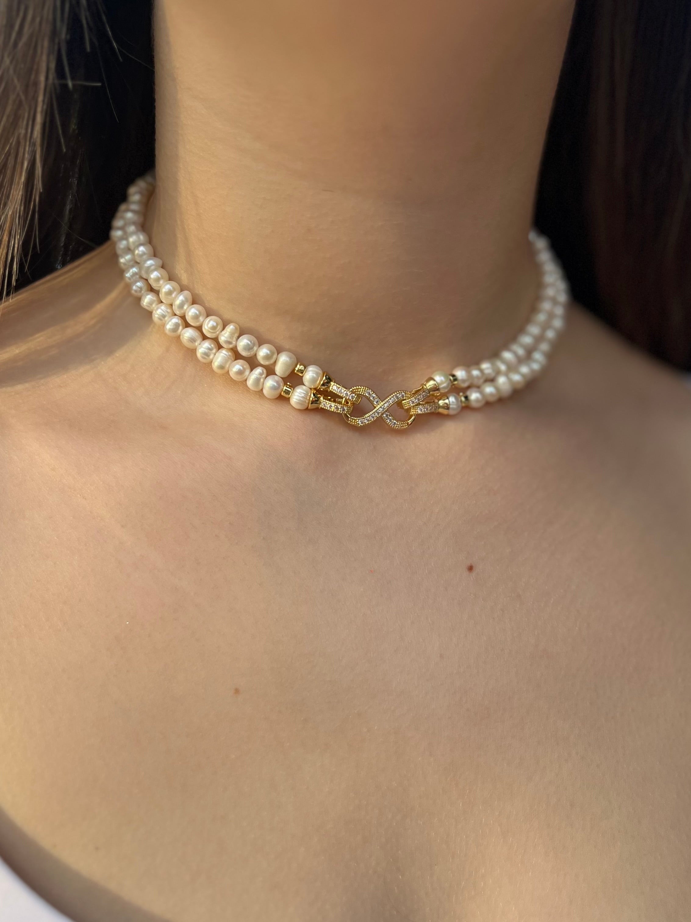 Pearl Choker Necklace : 18K Gold Plated Zirconia Clasp