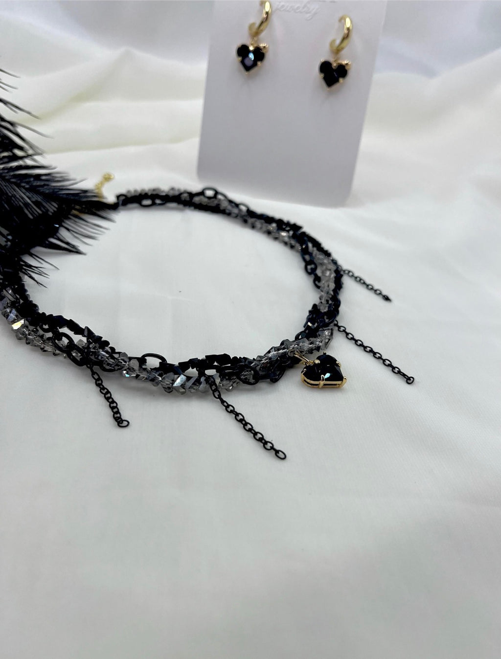 Layered Heart Black Crystal Necklace – 18K Gold Plated