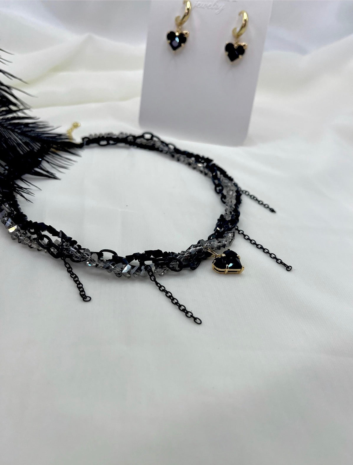 Layered Heart Black Crystal Necklace – 18K Gold Plated