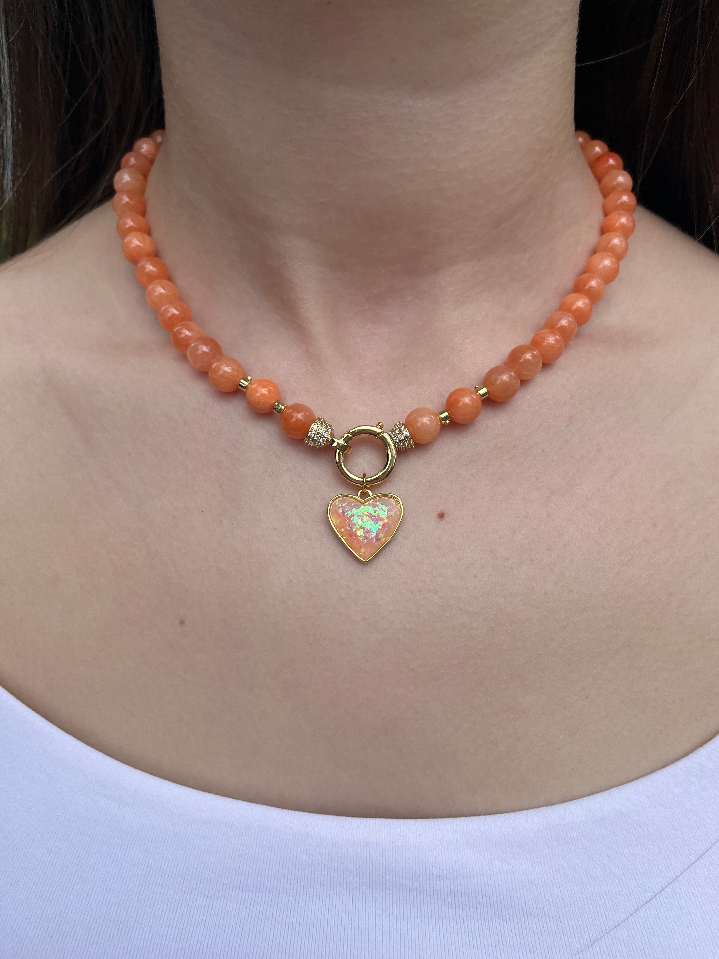 Natural Coral Jade Necklace with Heart Pendant