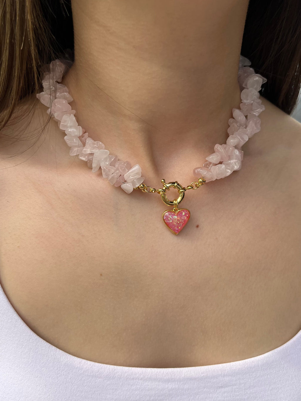 Natural Quartz Necklace with 18k gold Heart pendant