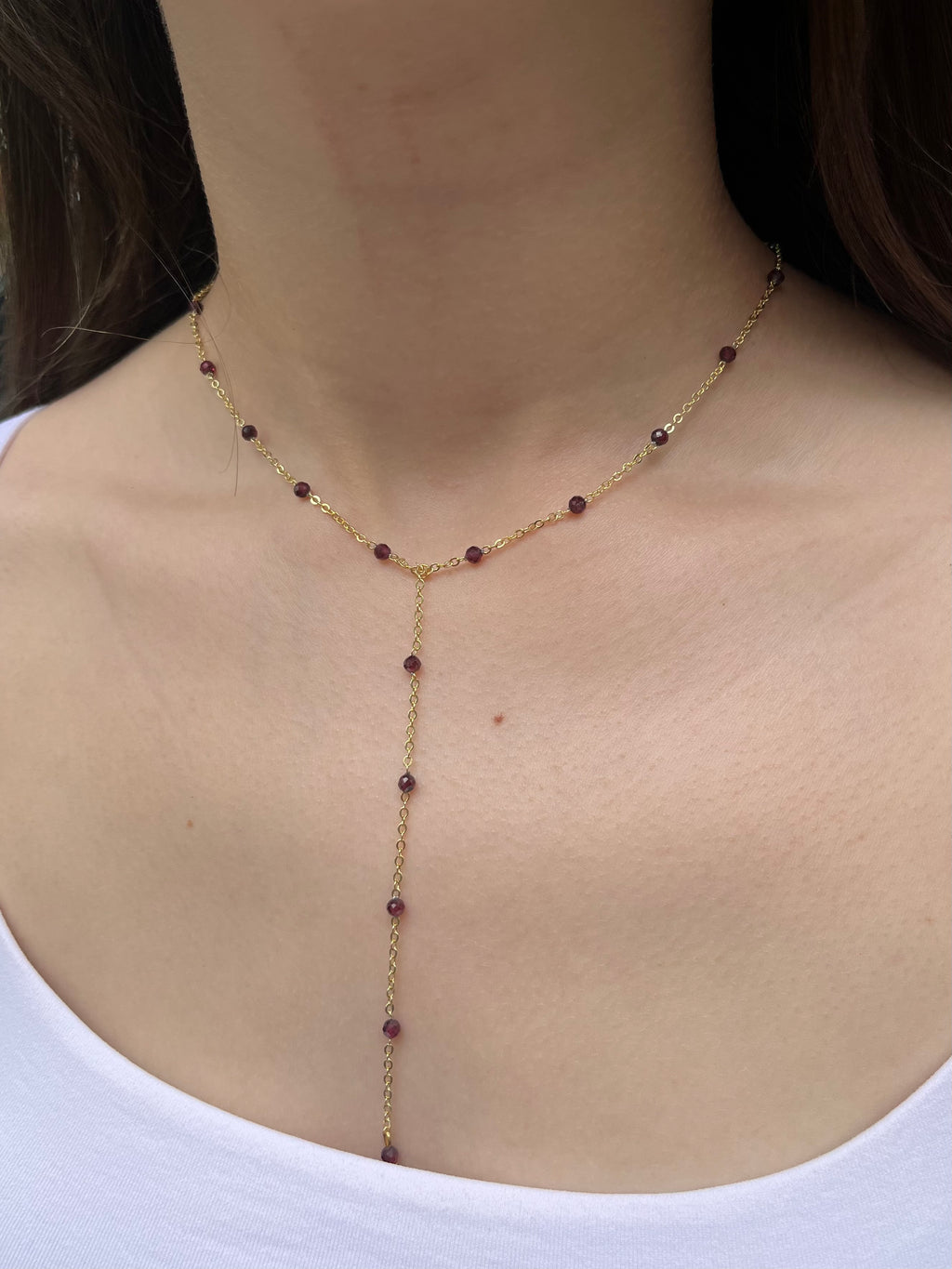 Lariat Garnet necklace , 18K gold plated