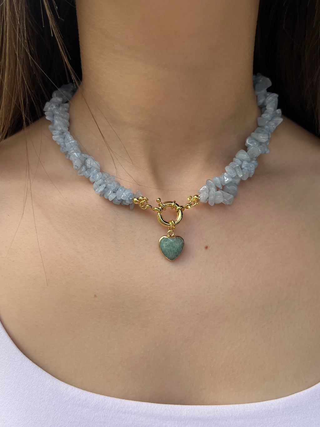 Natural Aquamarine Necklace with Amazonite heart pendant