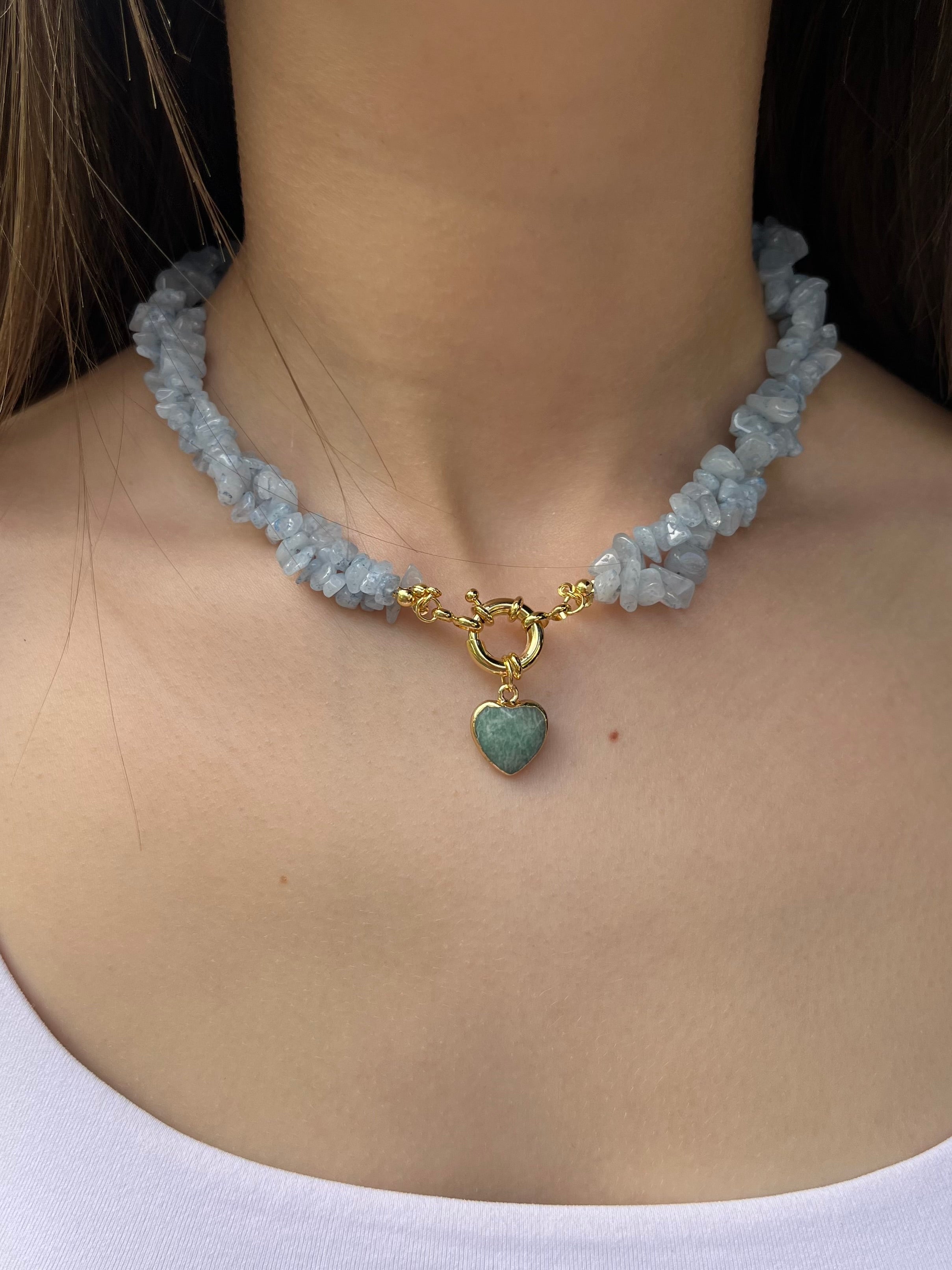 Natural Aquamarine Necklace with Amazonite heart pendant