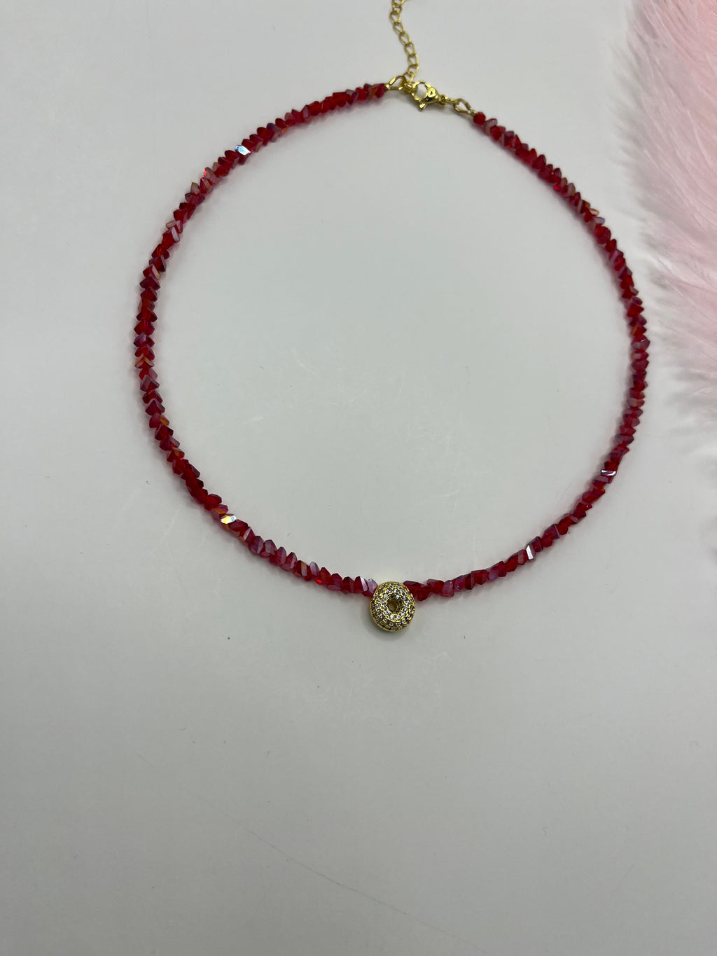 Initial Charm Red Crystal Necklace – 18K Gold Plated, Cubic Zirconia