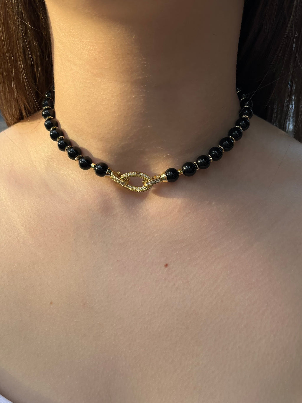 Black Onyx Choker – 18K Gold Plated Zirconia Clasp
