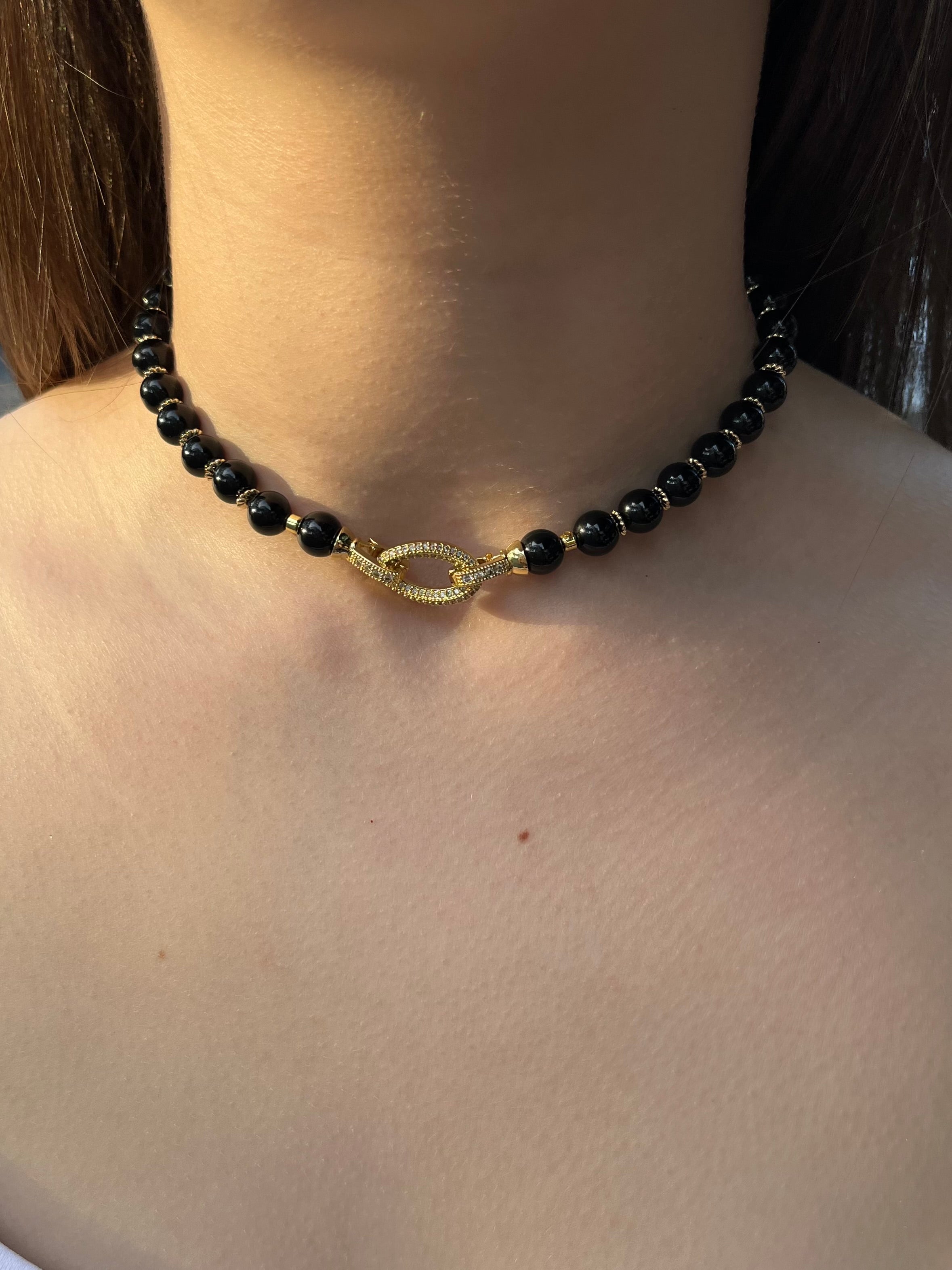 Black Onyx Choker – 18K Gold Plated Zirconia Clasp