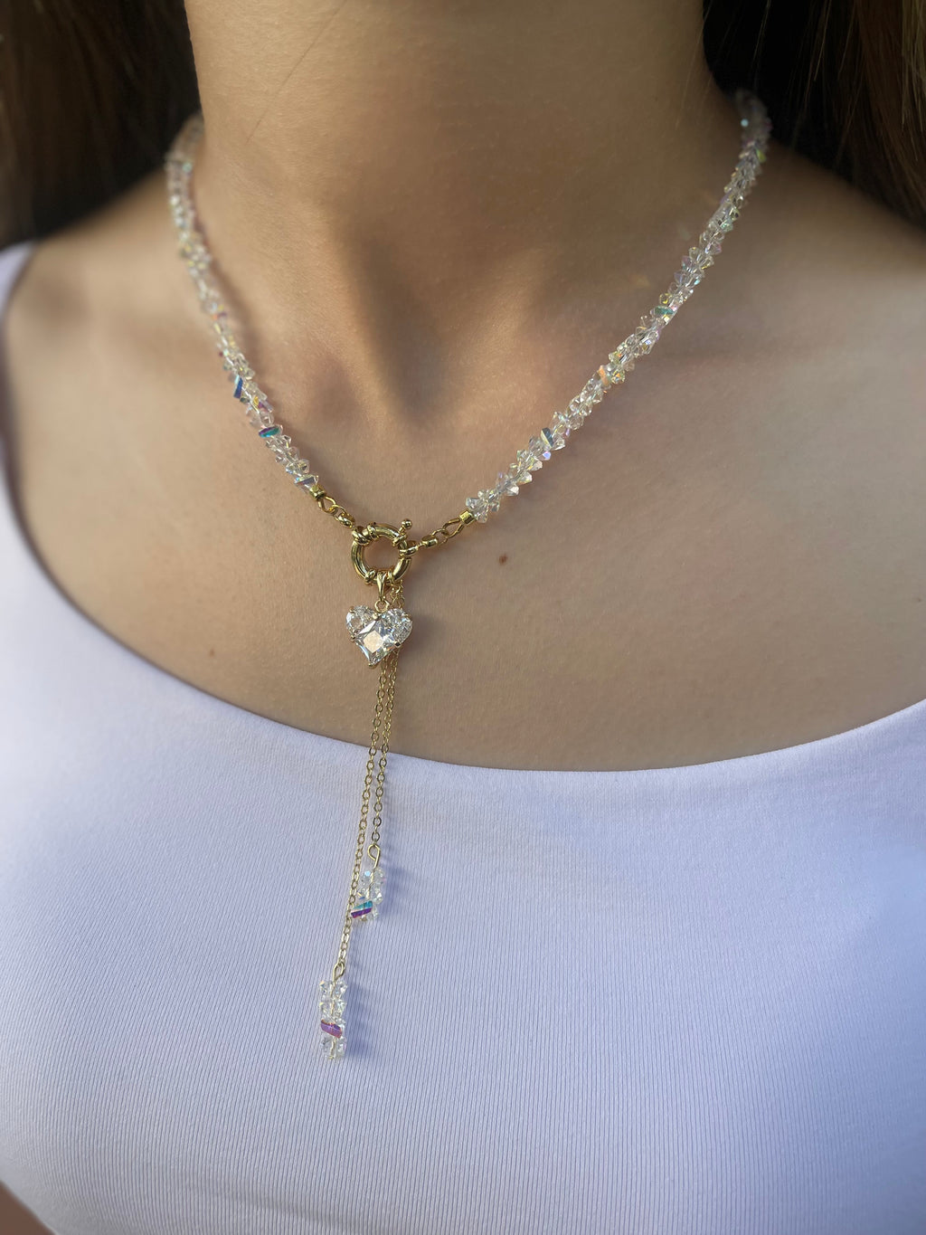 Set: Heart Crystal Y-Necklace and Earrings – 18K Gold Plated, Cubic Zirconia