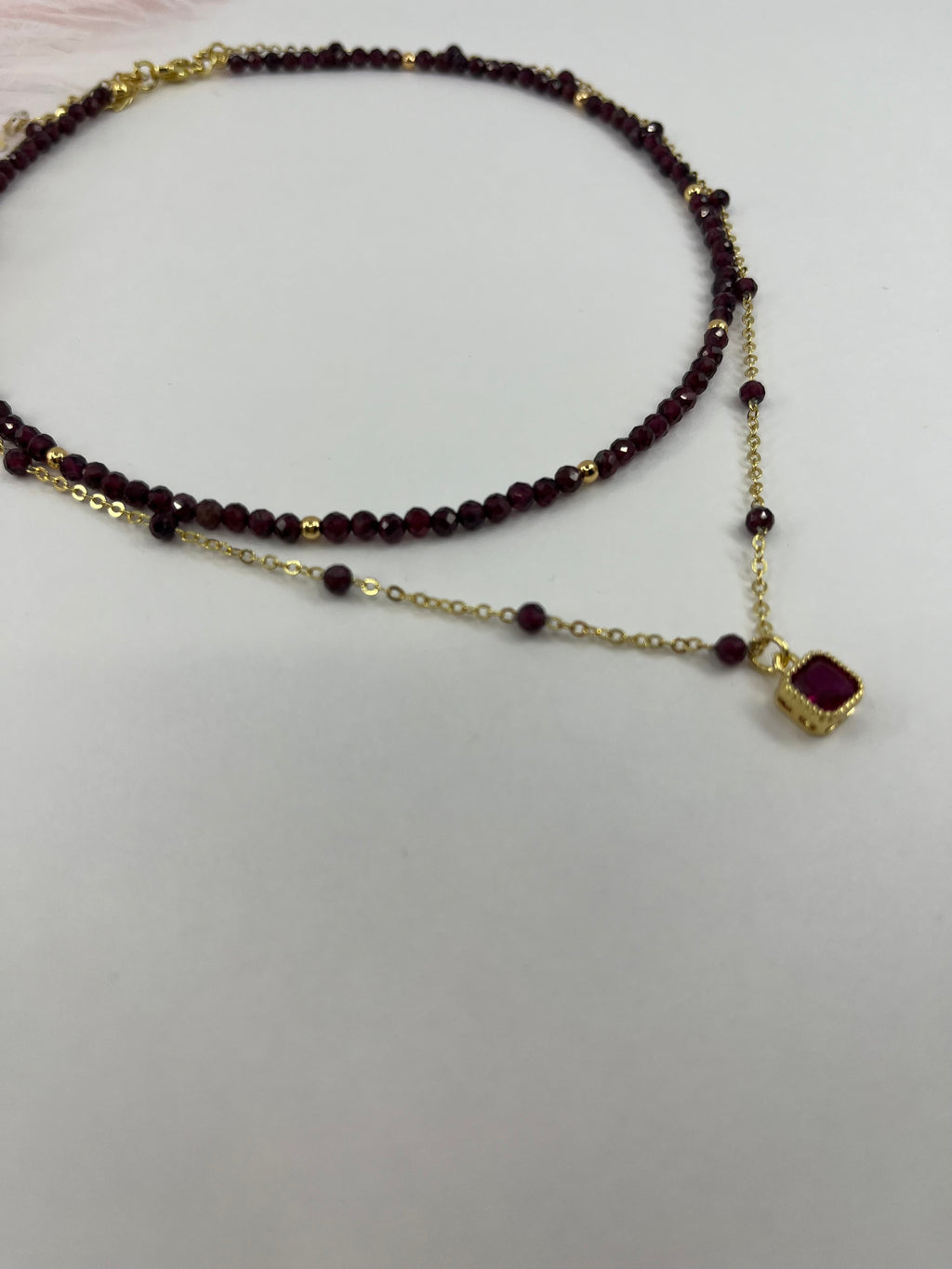 Layered Garnet necklace , 18K gold clasp