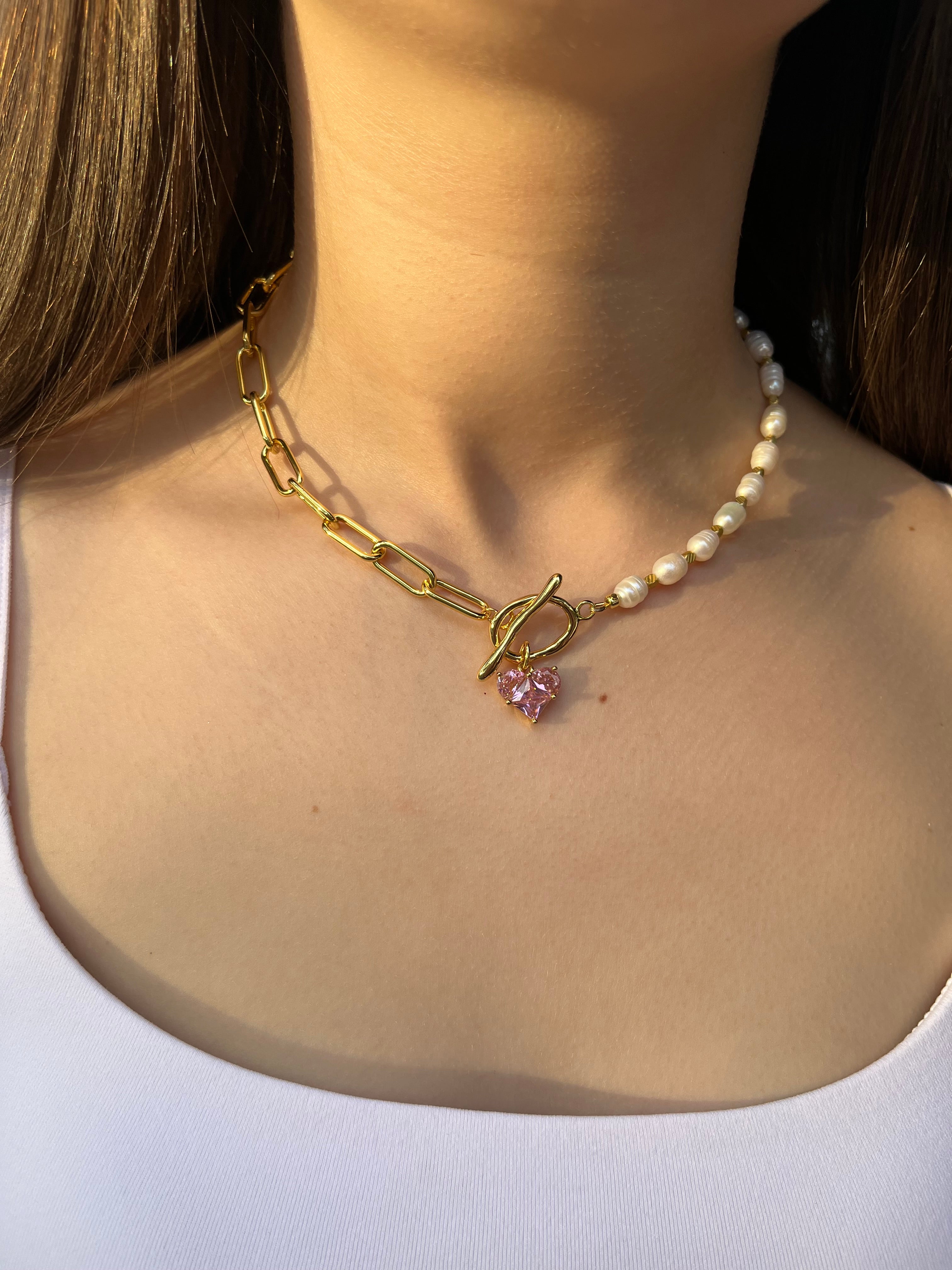 Asymmetrical Pearl Choker Necklace with earrings : 18K Gold Plated